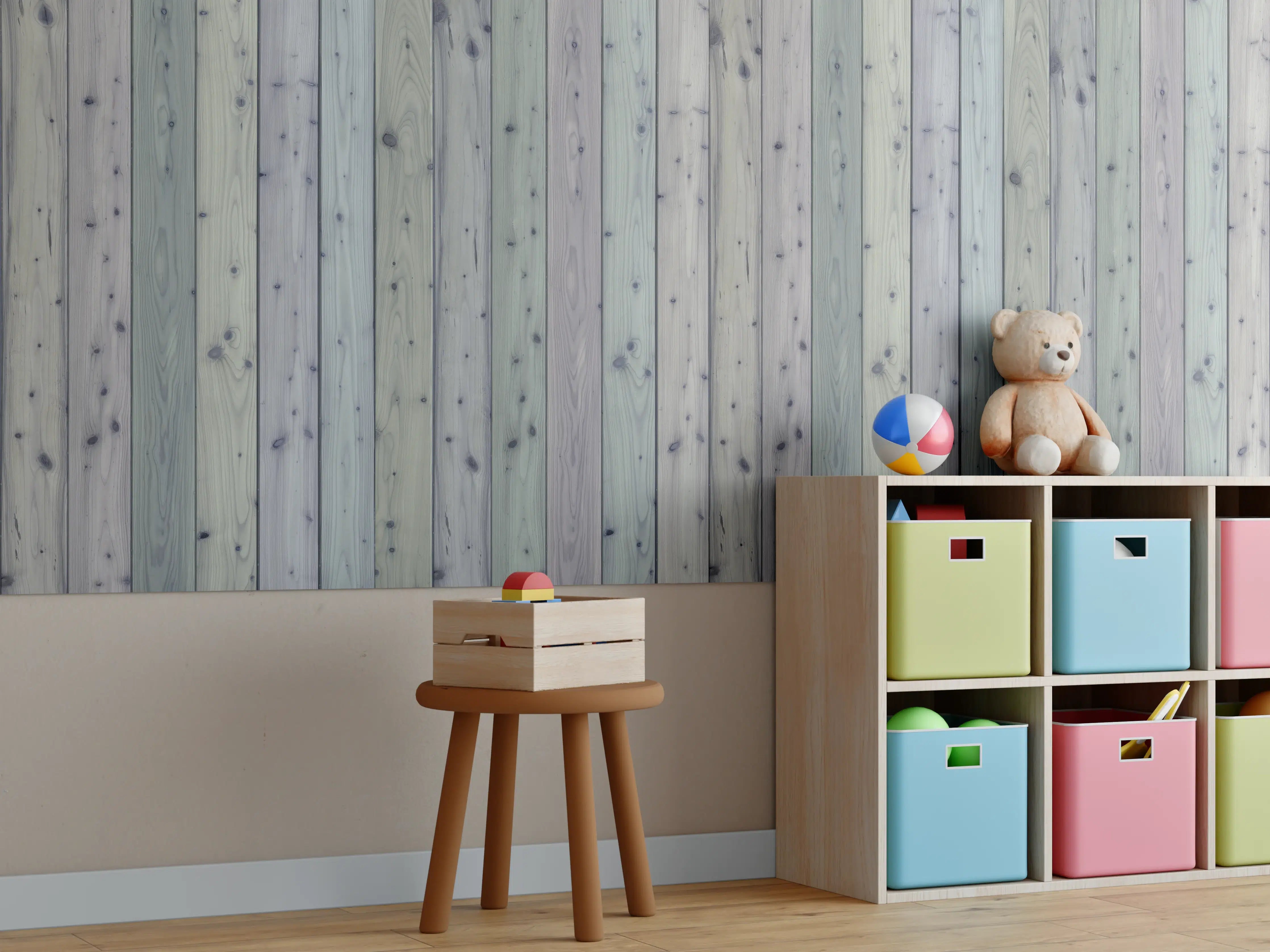 Kinderzimmer Wandgestaltung - Bunte Holz Wand Textur