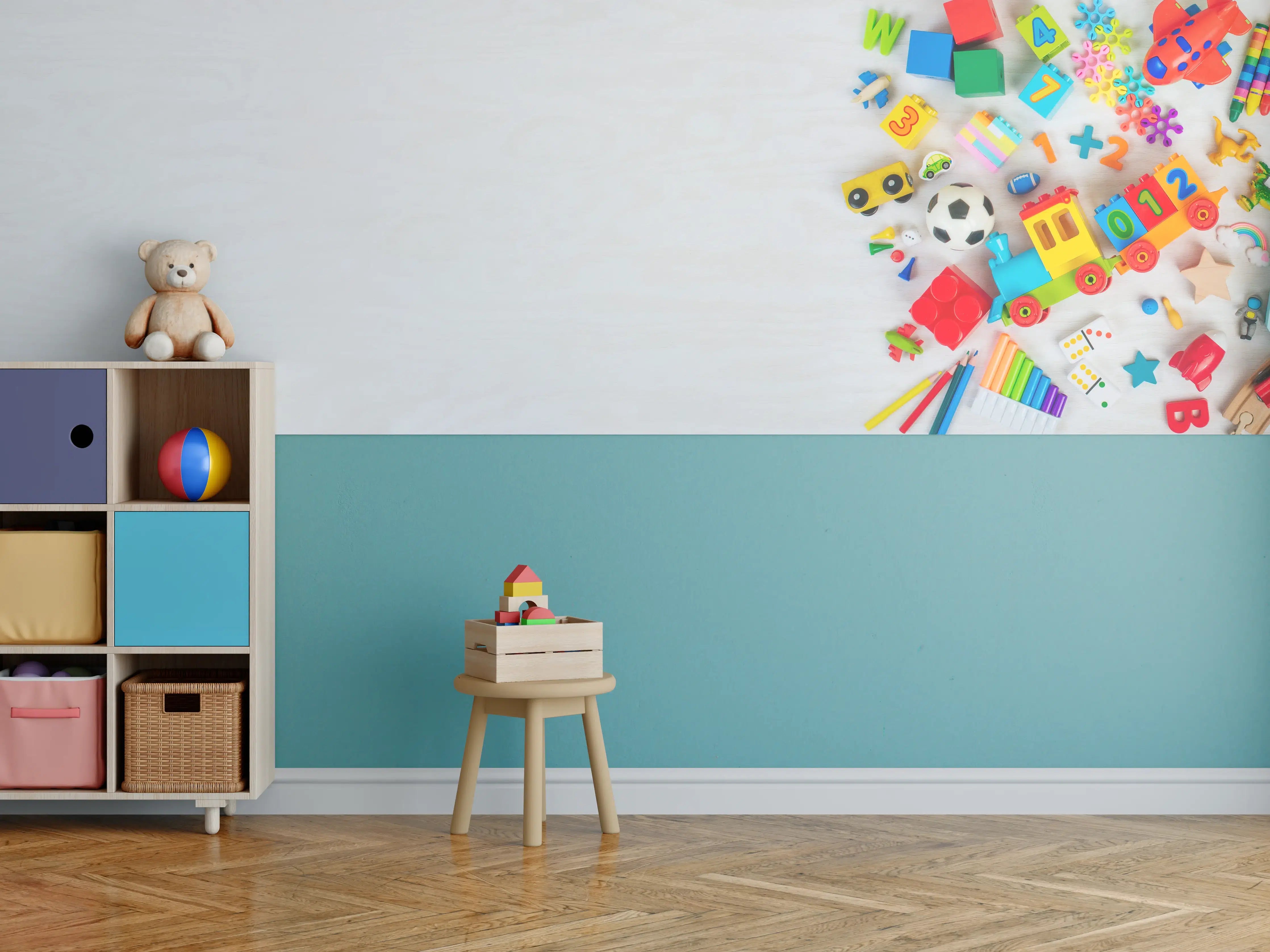 Kinderzimmer Wandgestaltung - Bunte Kinder Holzspielzeuge