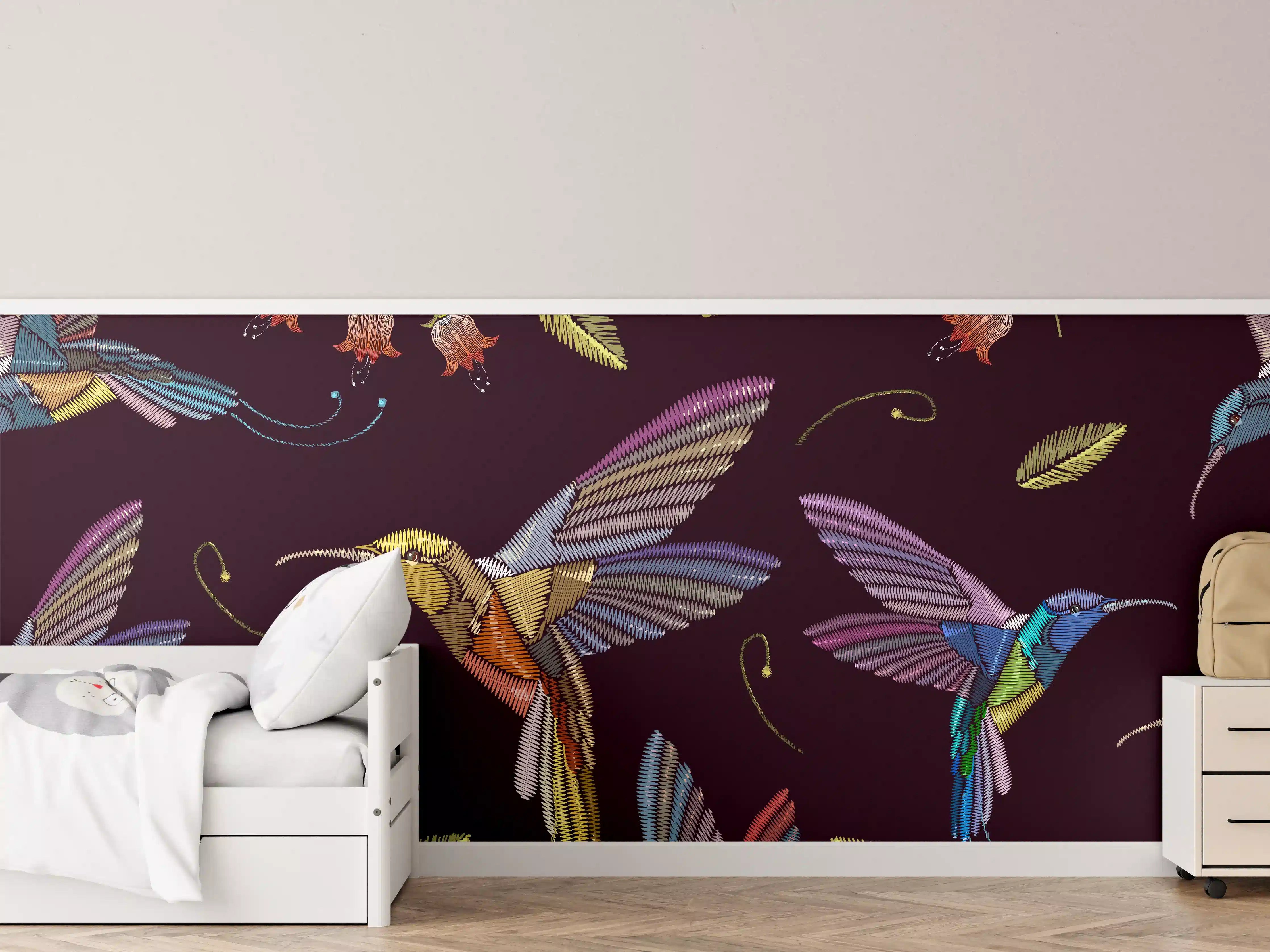 Kinderzimmer Wandgestaltung - Bunte Kolibri-Stickerei-Muster