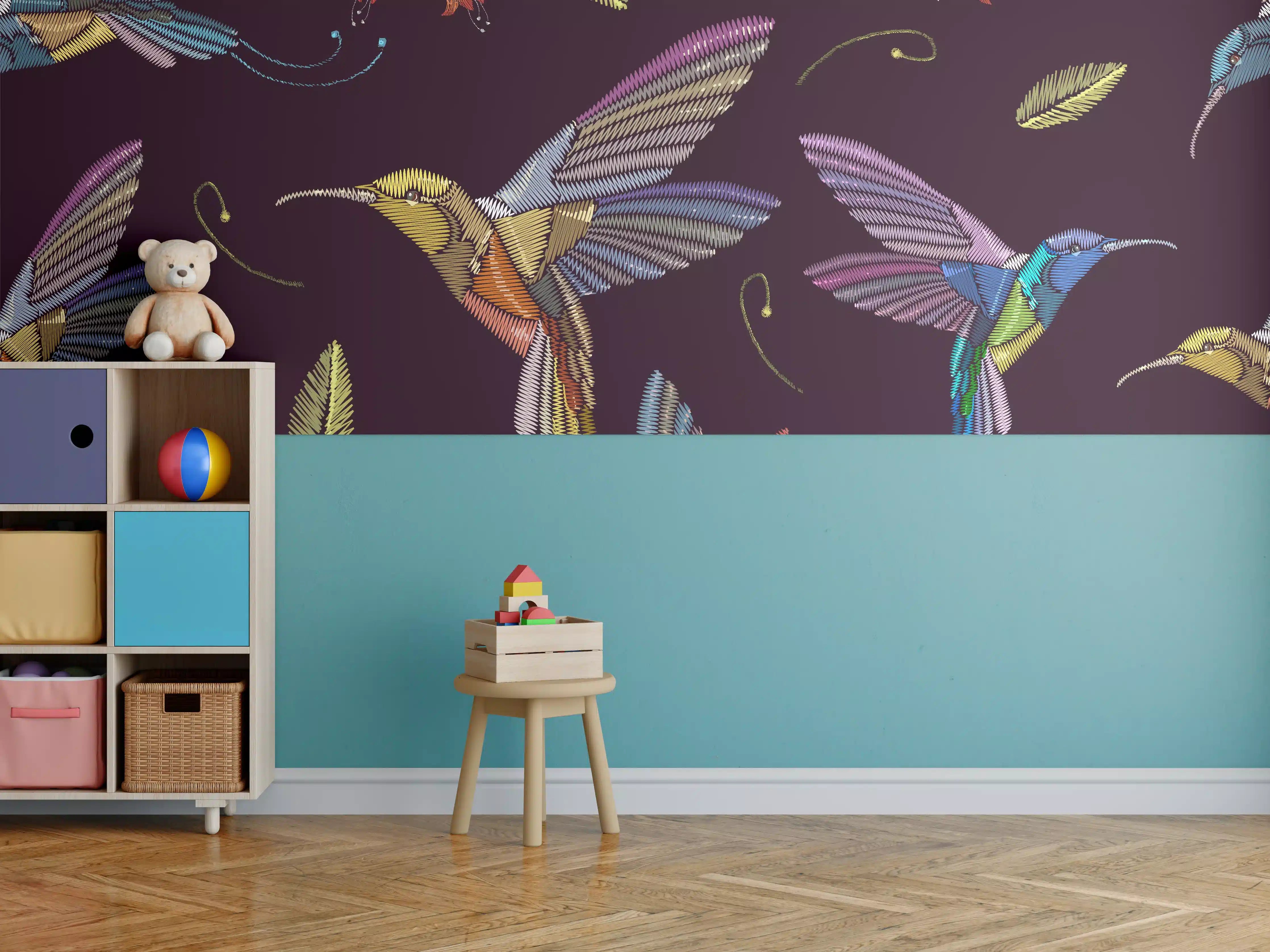Kinderzimmer Wandgestaltung - Bunte Kolibri-Stickerei-Muster