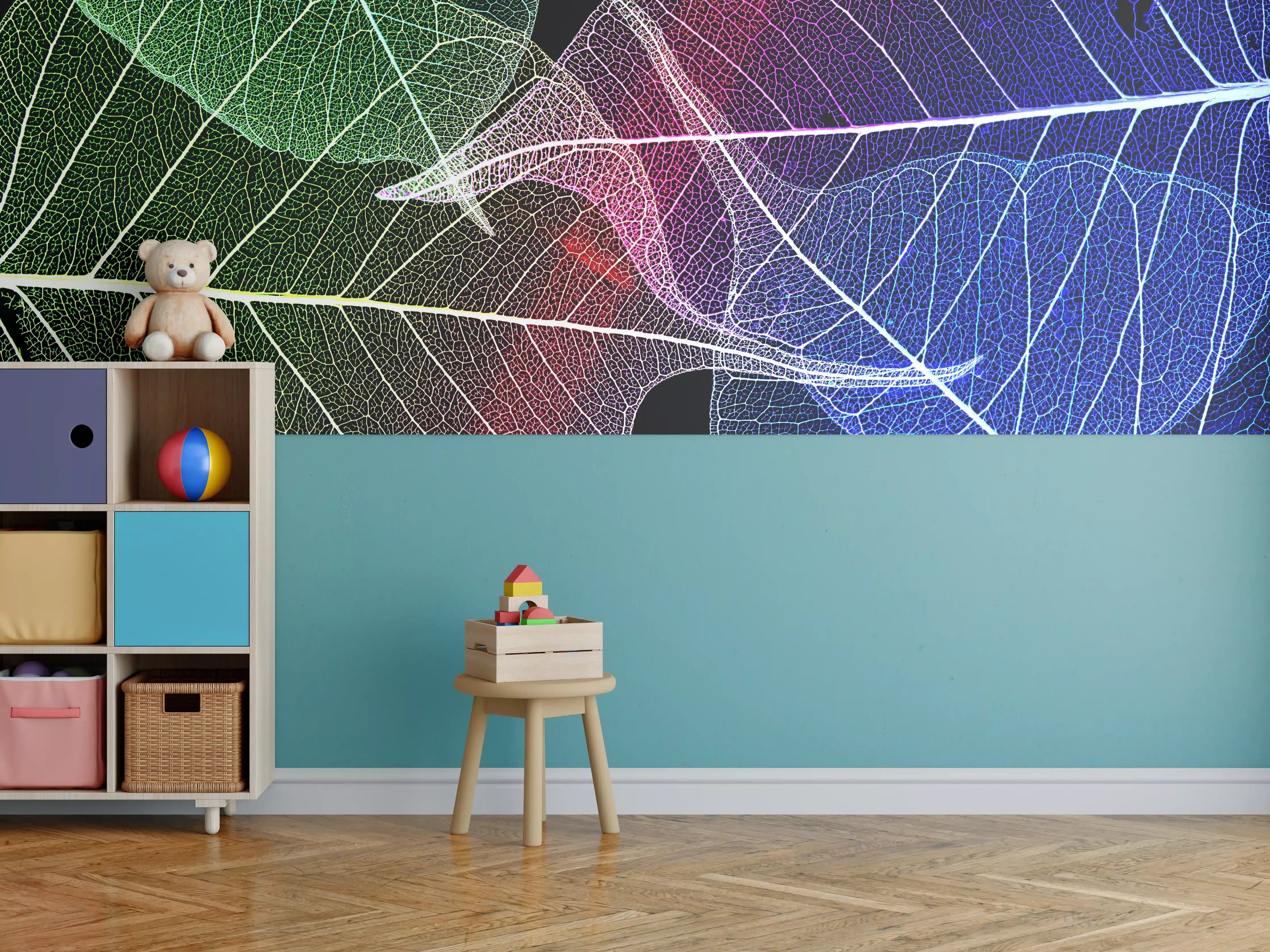 Kinderzimmer Wandgestaltung - Bunte Laubtextur auf Schwarz
