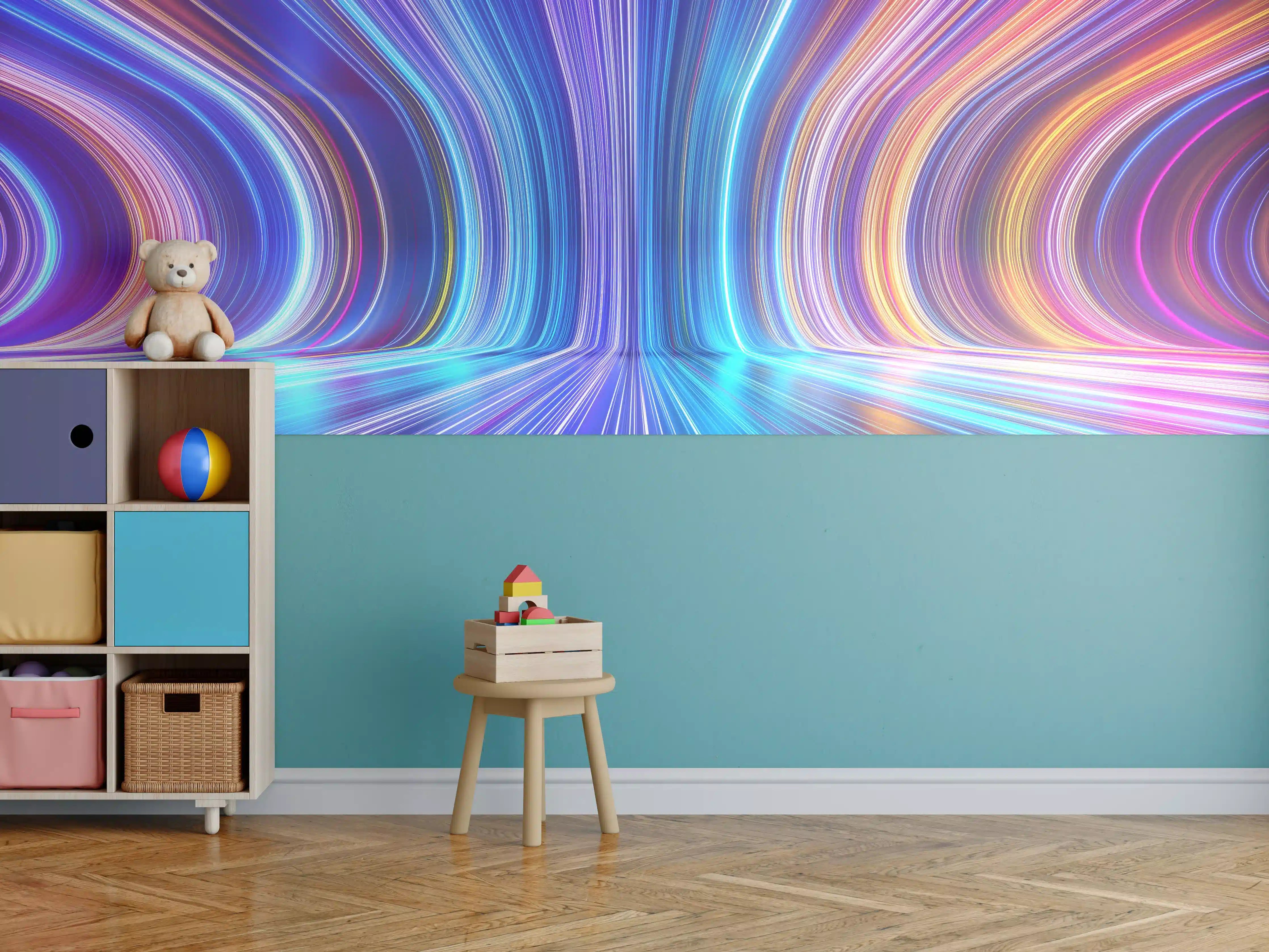Kinderzimmer Wandgestaltung - Bunte Lichtstrahlen in Bewegung