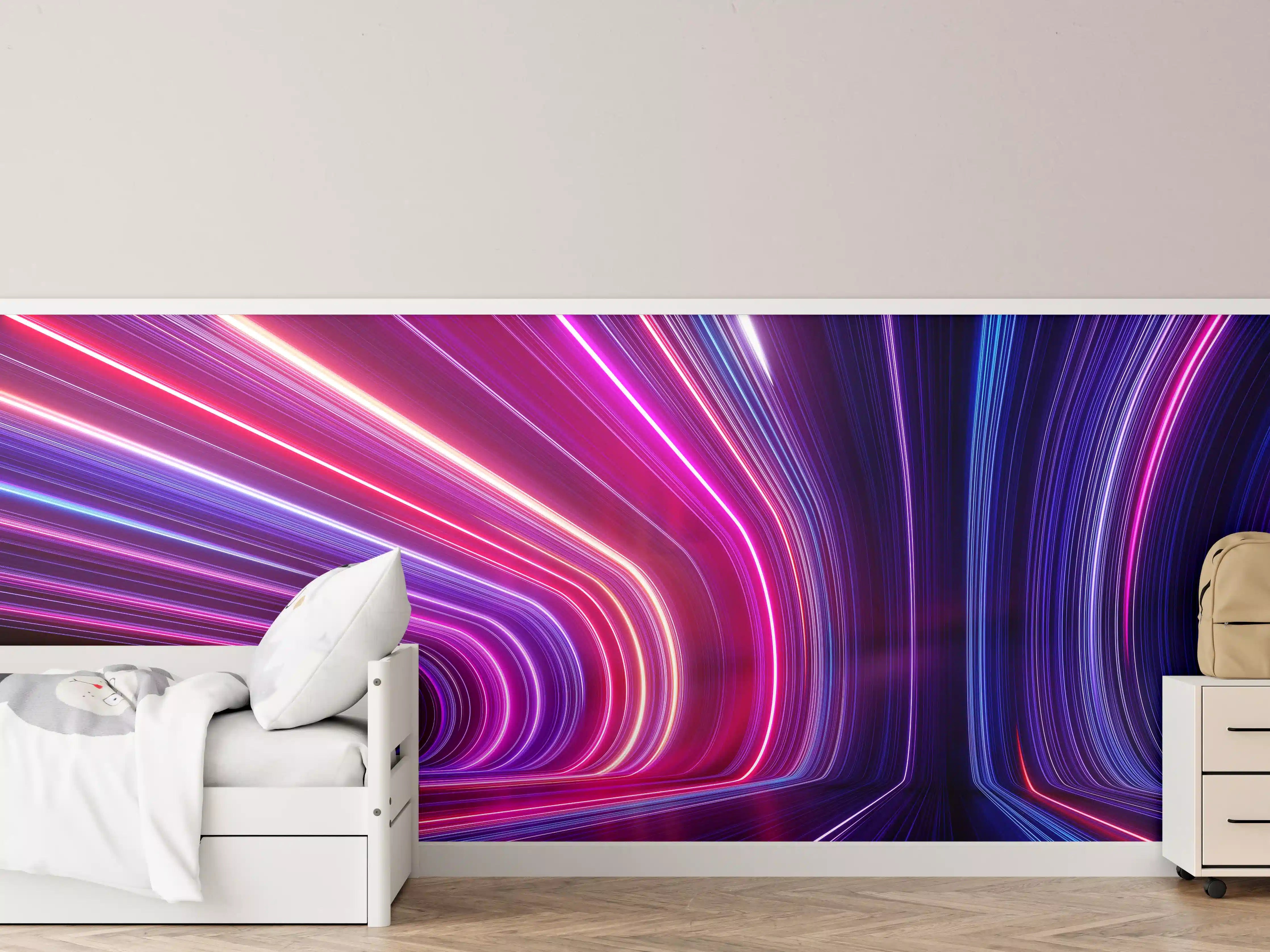 Kinderzimmer Wandgestaltung - Bunte Lichtstrahlen in dunklem Tunnel