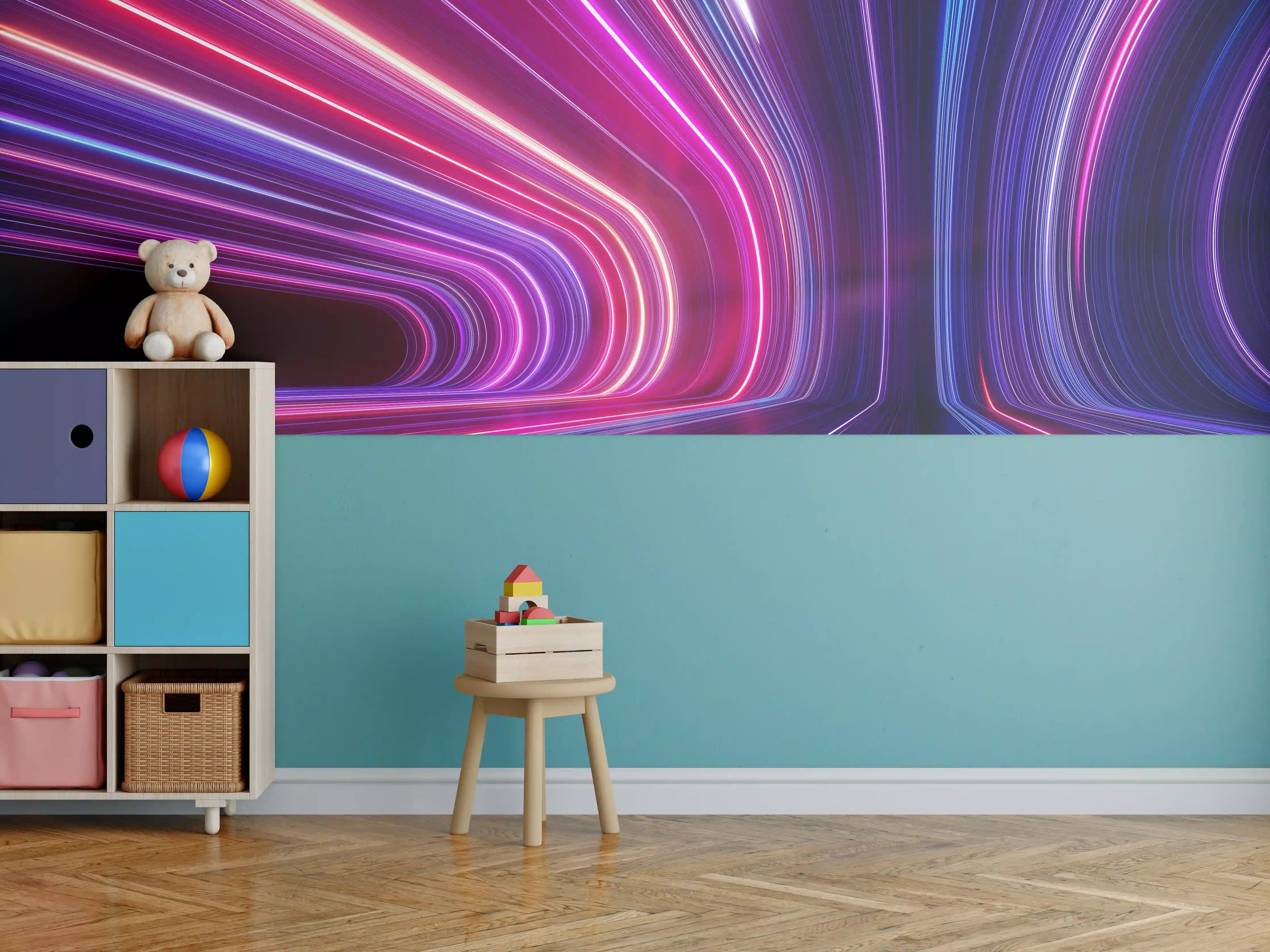 Kinderzimmer Wandgestaltung - Bunte Lichtstrahlen in dunklem Tunnel