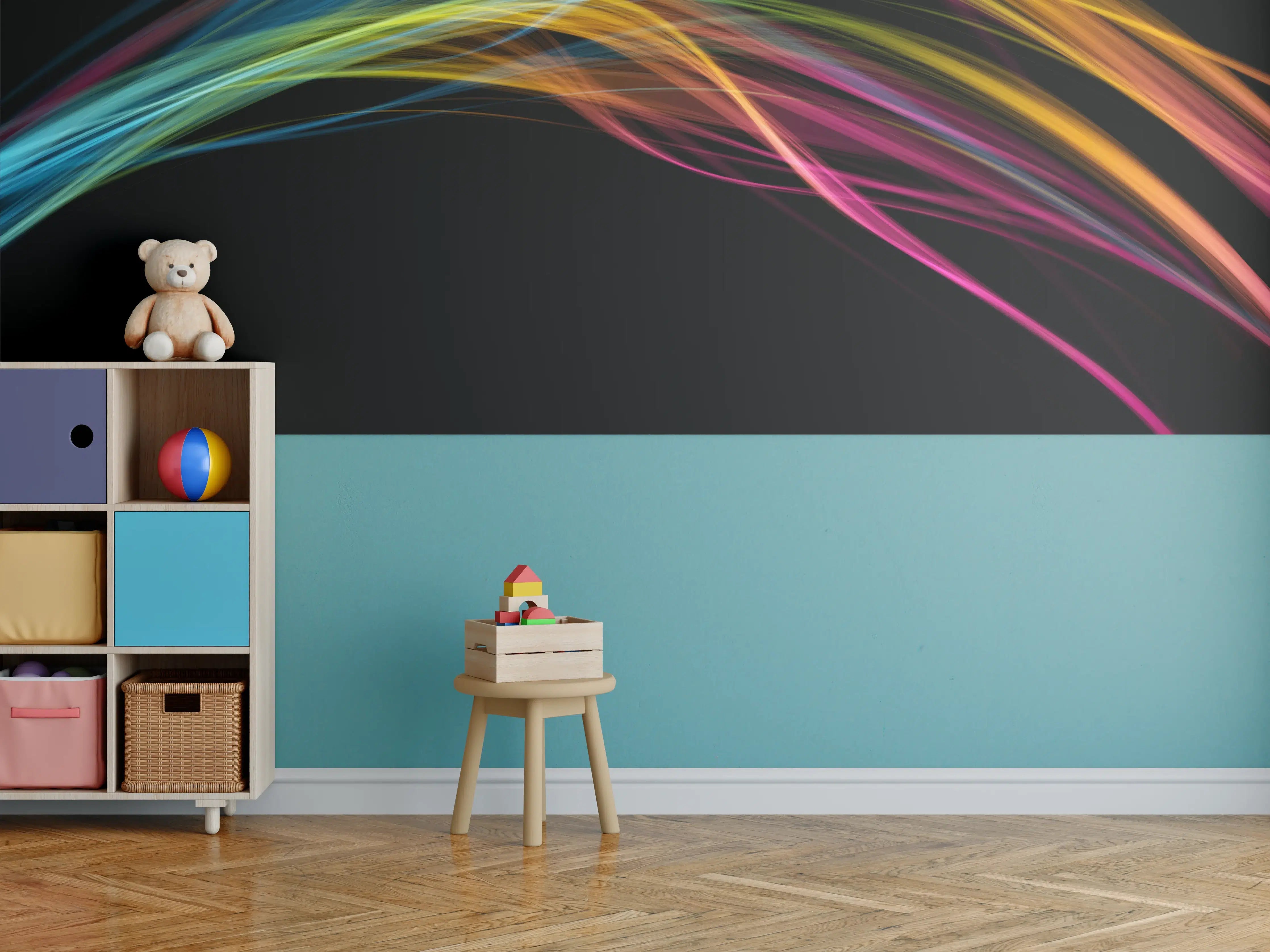 Kinderzimmer Wandgestaltung - Bunte Lichtwellen auf schwarzem Hintergrund