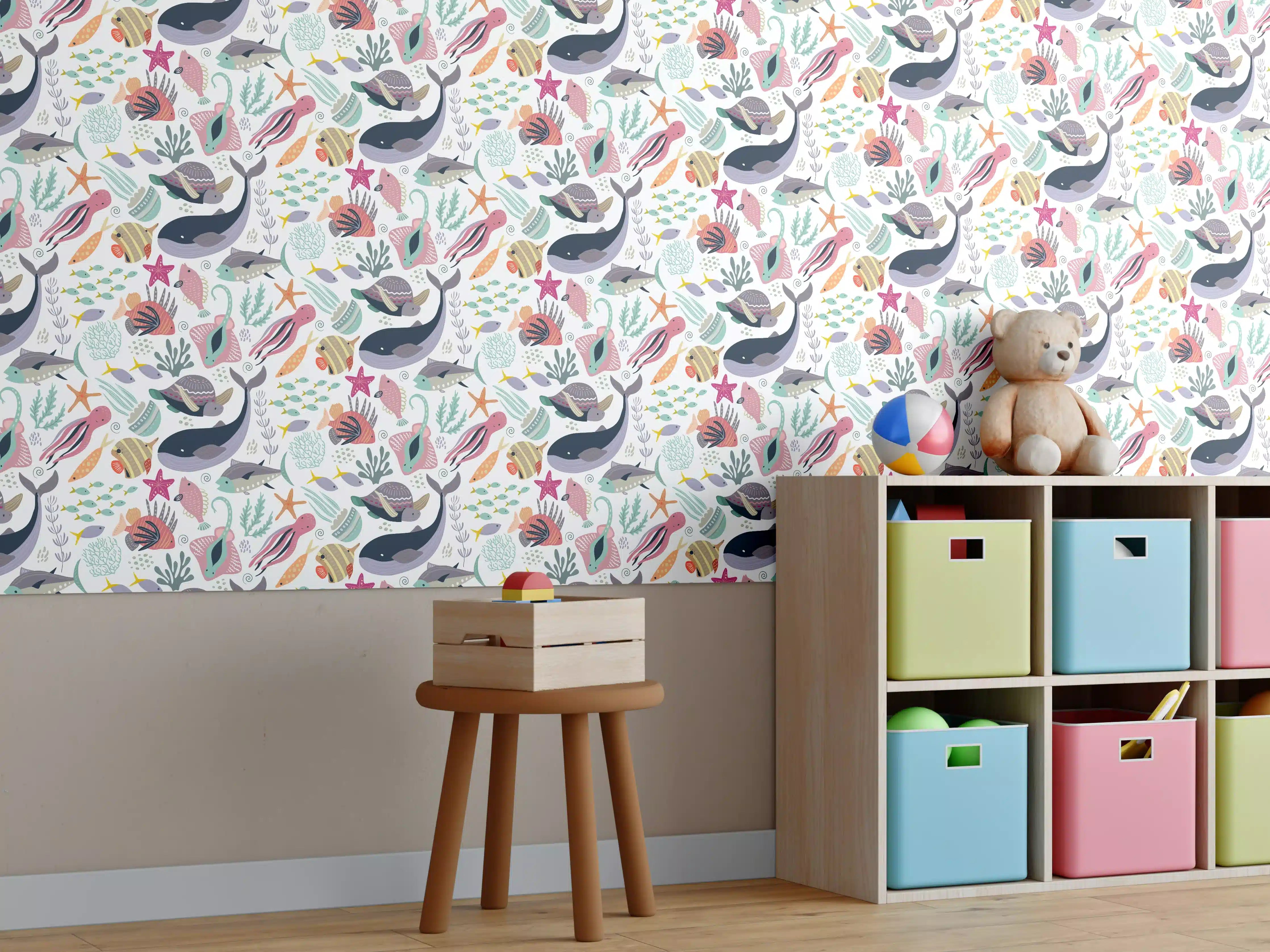 Kinderzimmer Wandgestaltung - Bunte Meereswelt mit Walen und Korallen