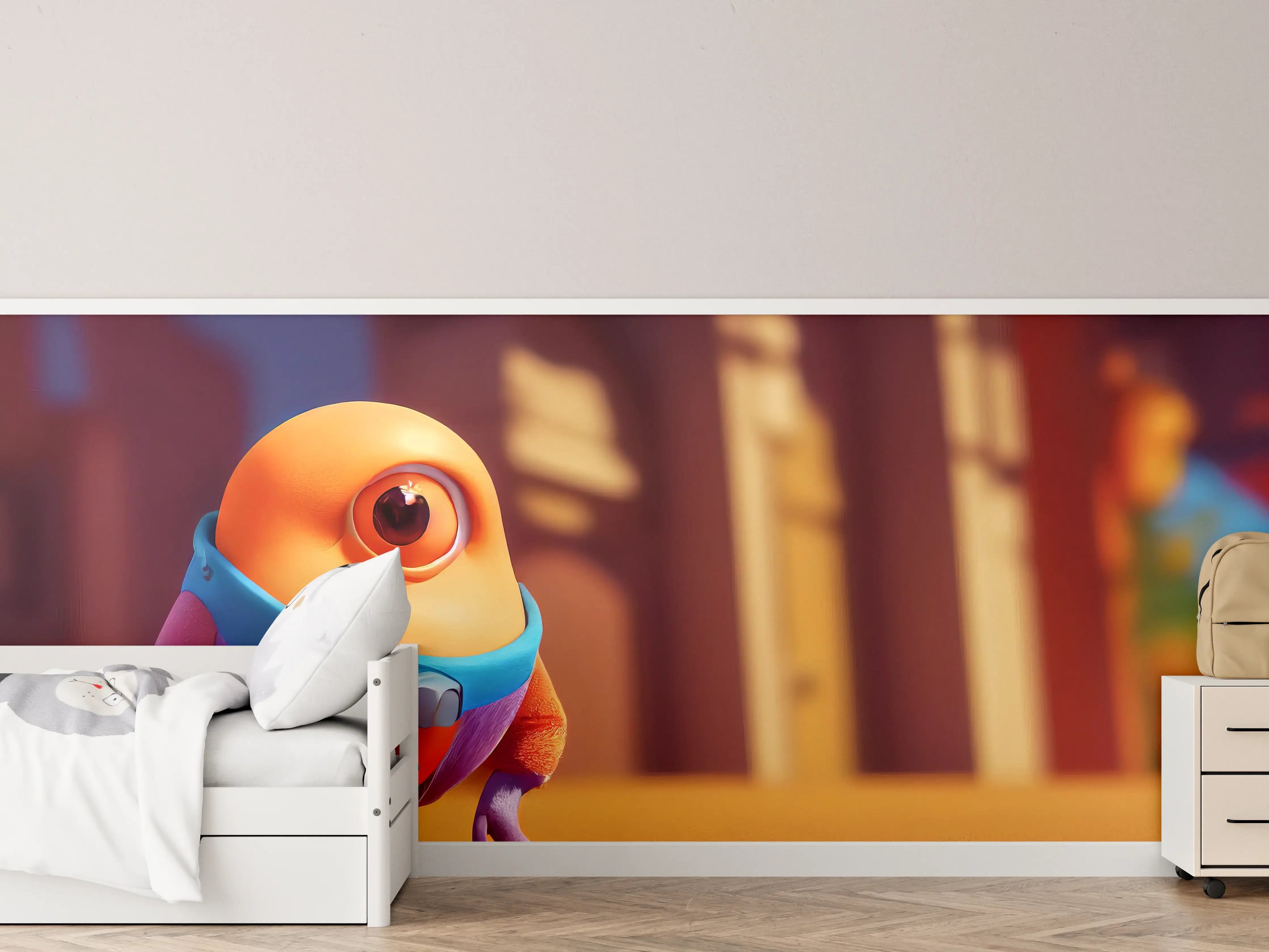 Kinderzimmer Wandgestaltung - Bunte Minion-Figur mit großem Auge auf gelbem Hintergrund