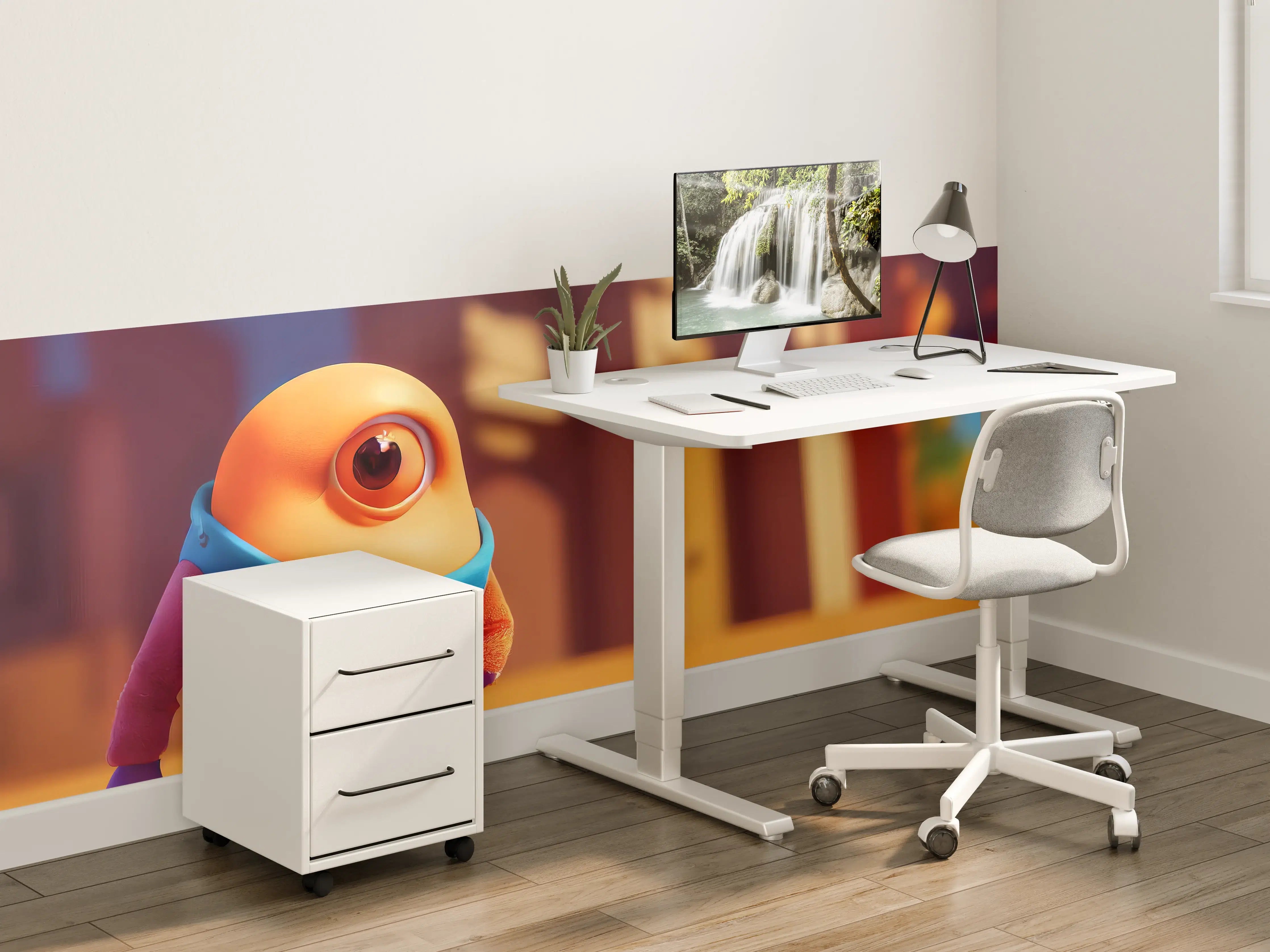 Kinderzimmer Wandgestaltung - Bunte Minion-Figur mit großem Auge auf gelbem Hintergrund