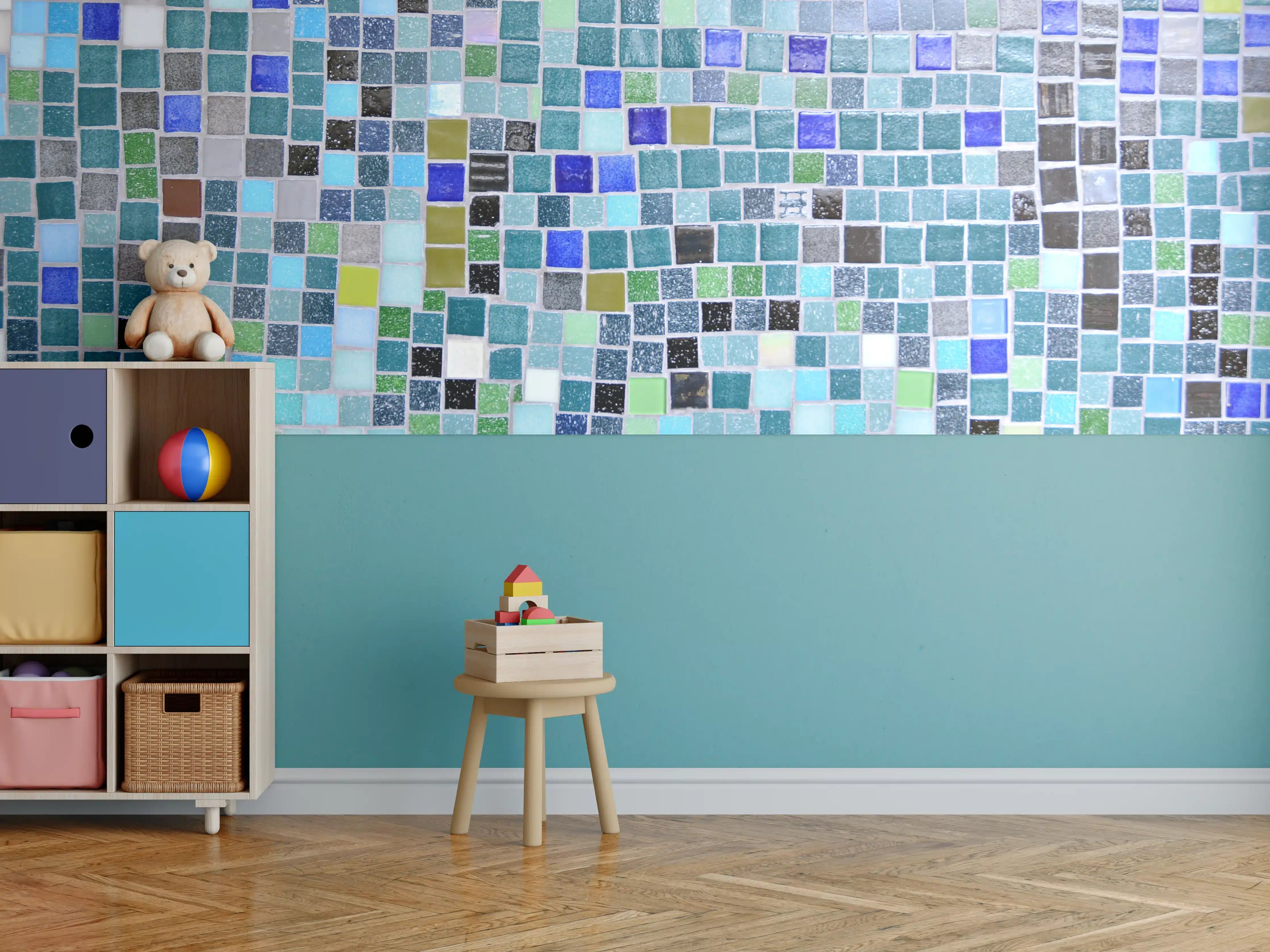 Kinderzimmer Wandgestaltung - Bunte Mosaikfliesen-Wand