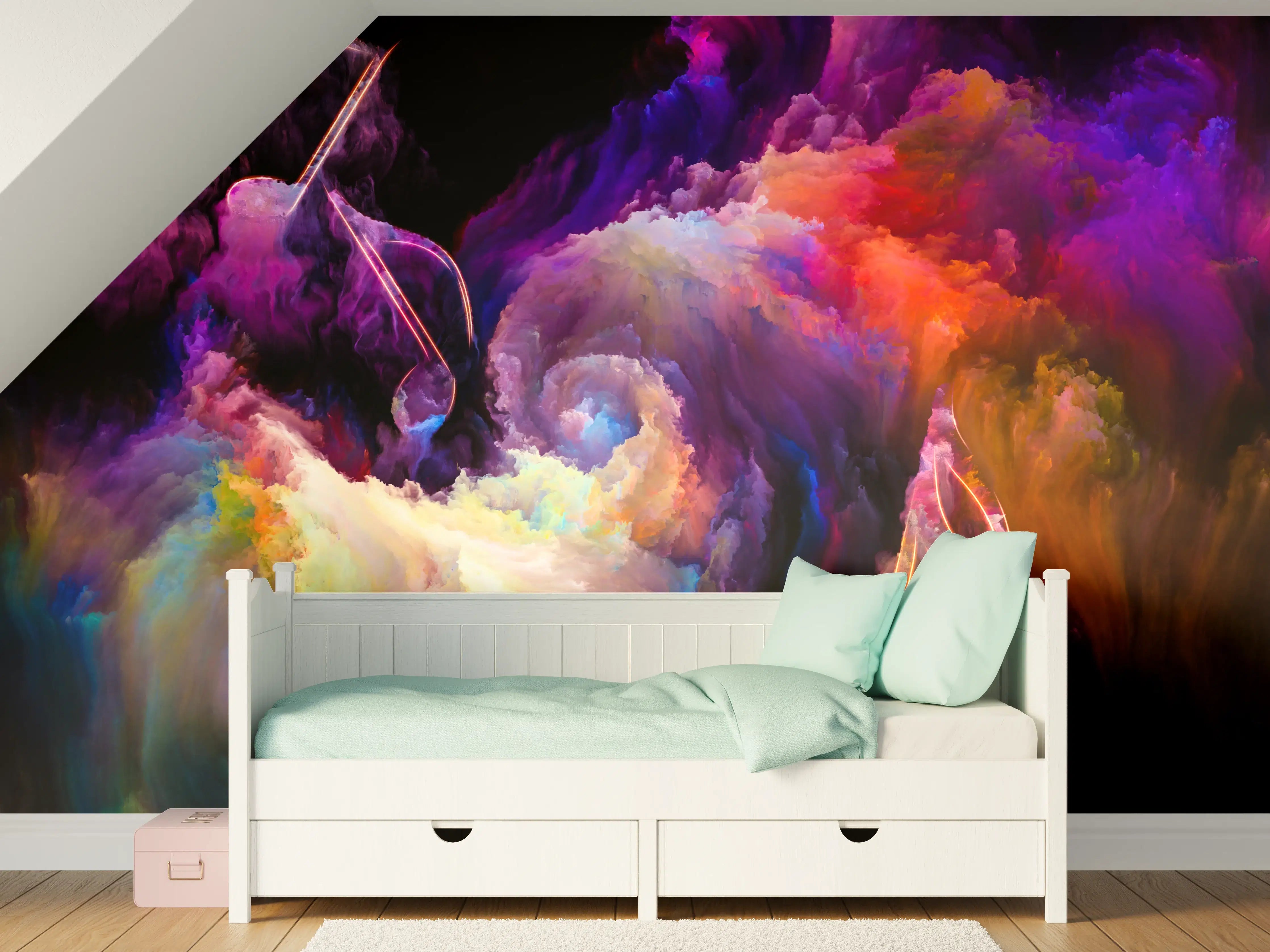 Kinderzimmer Wandgestaltung - Bunte Nebel-Explosion mit musikalischer Note