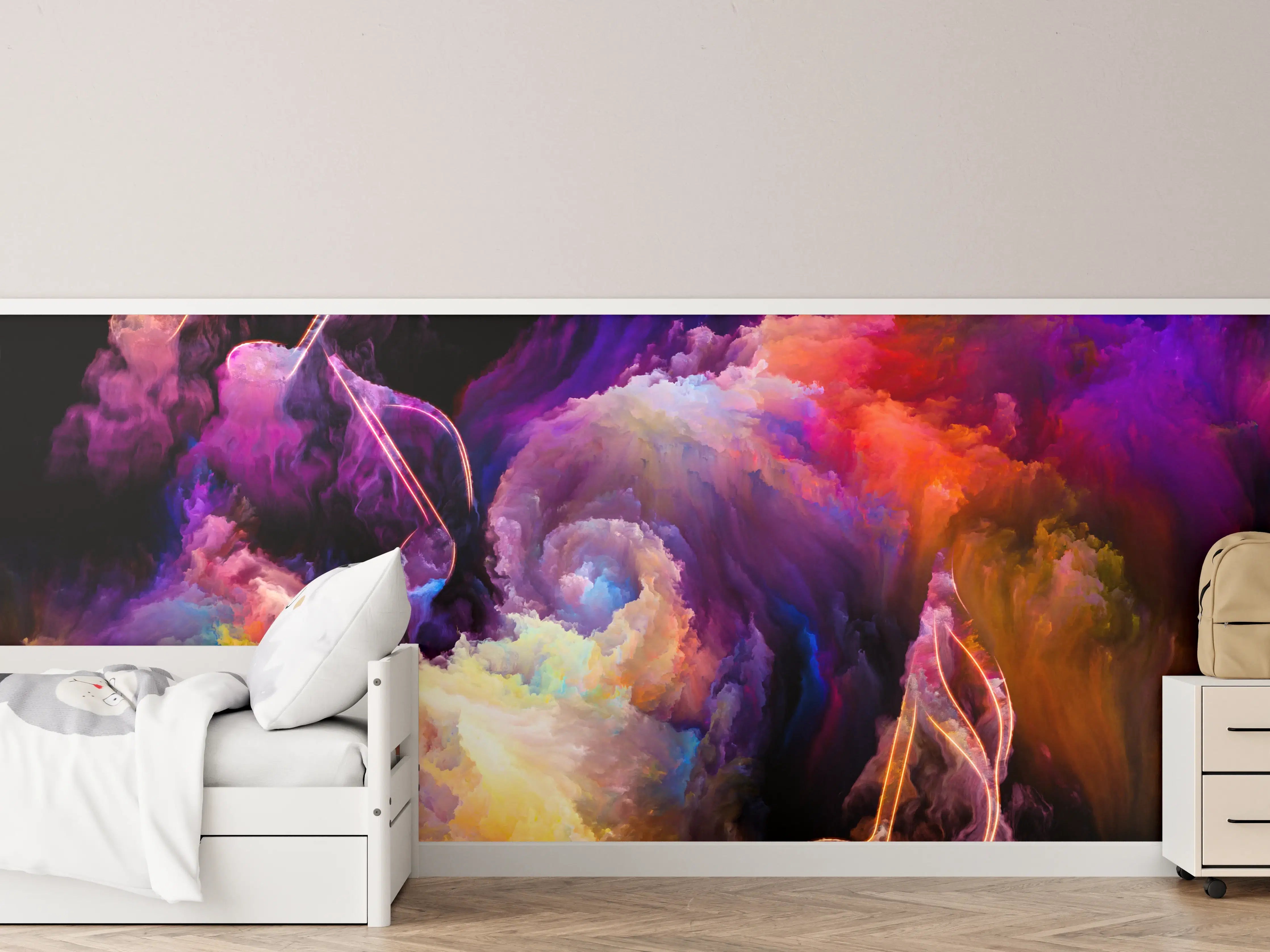 Kinderzimmer Wandgestaltung - Bunte Nebel-Explosion mit musikalischer Note