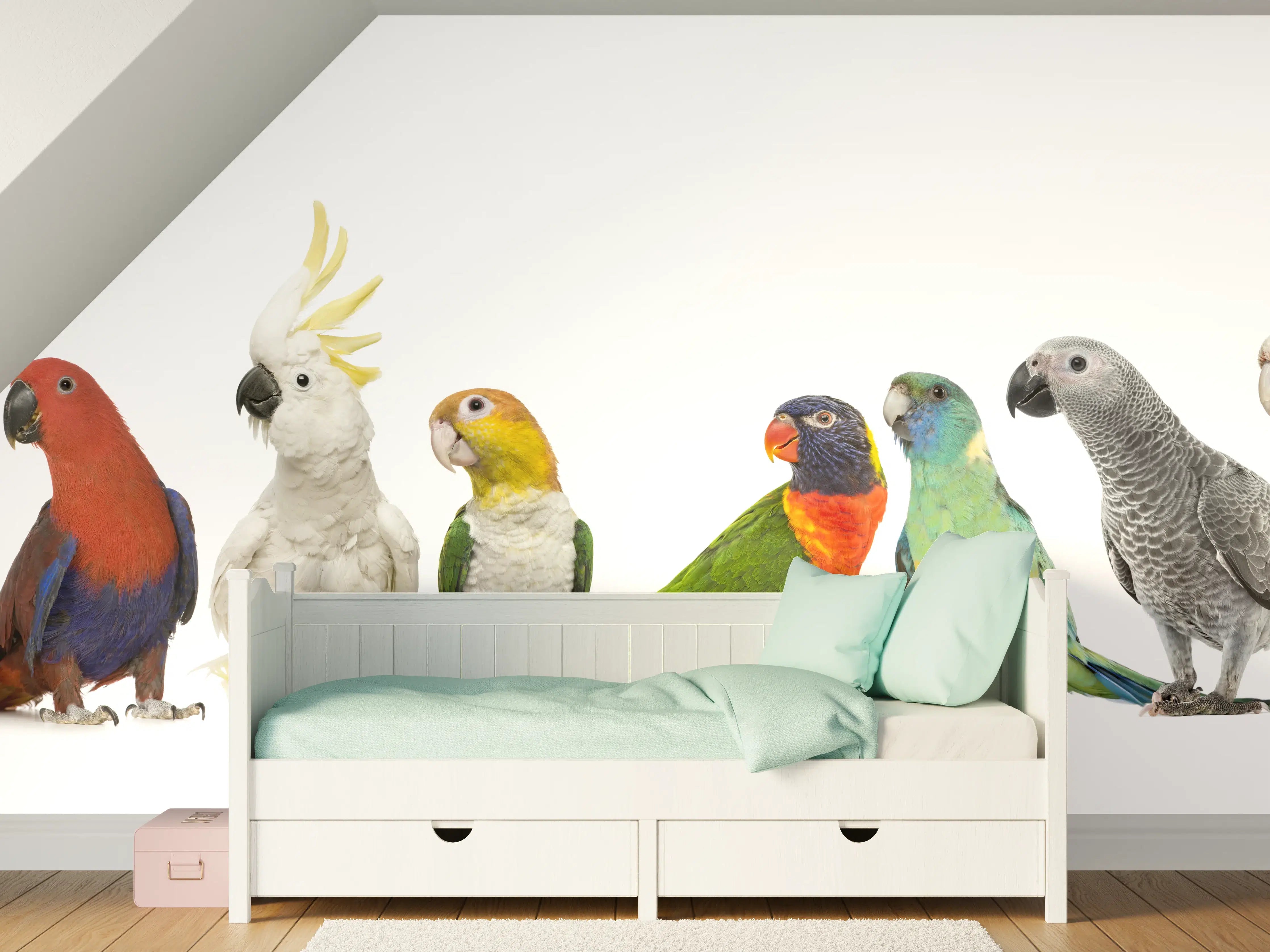 Kinderzimmer Wandgestaltung - Bunte Papageien und Vögel in natürlicher Szenerie
