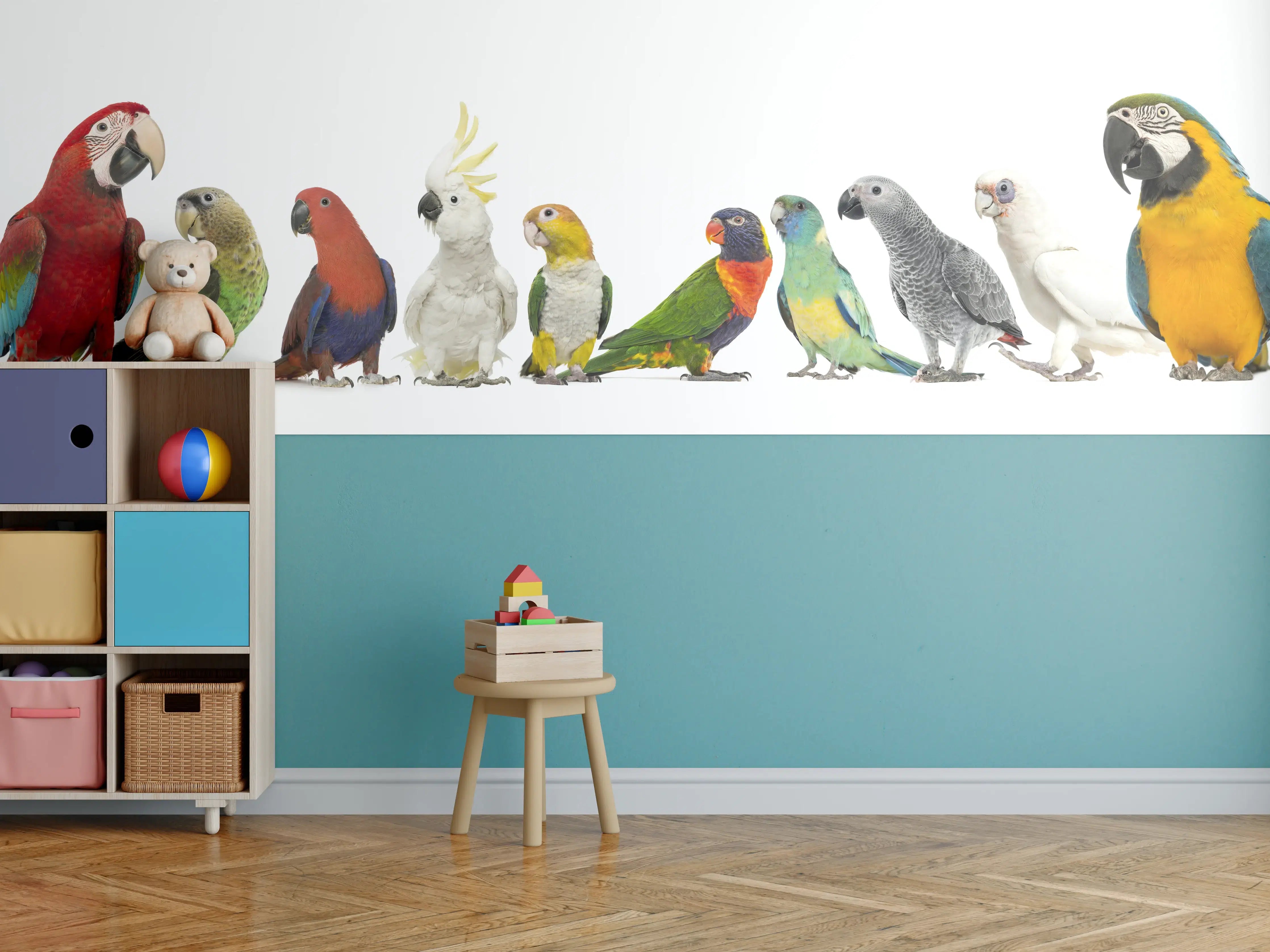 Kinderzimmer Wandgestaltung - Bunte Papageien und Vögel in natürlicher Szenerie