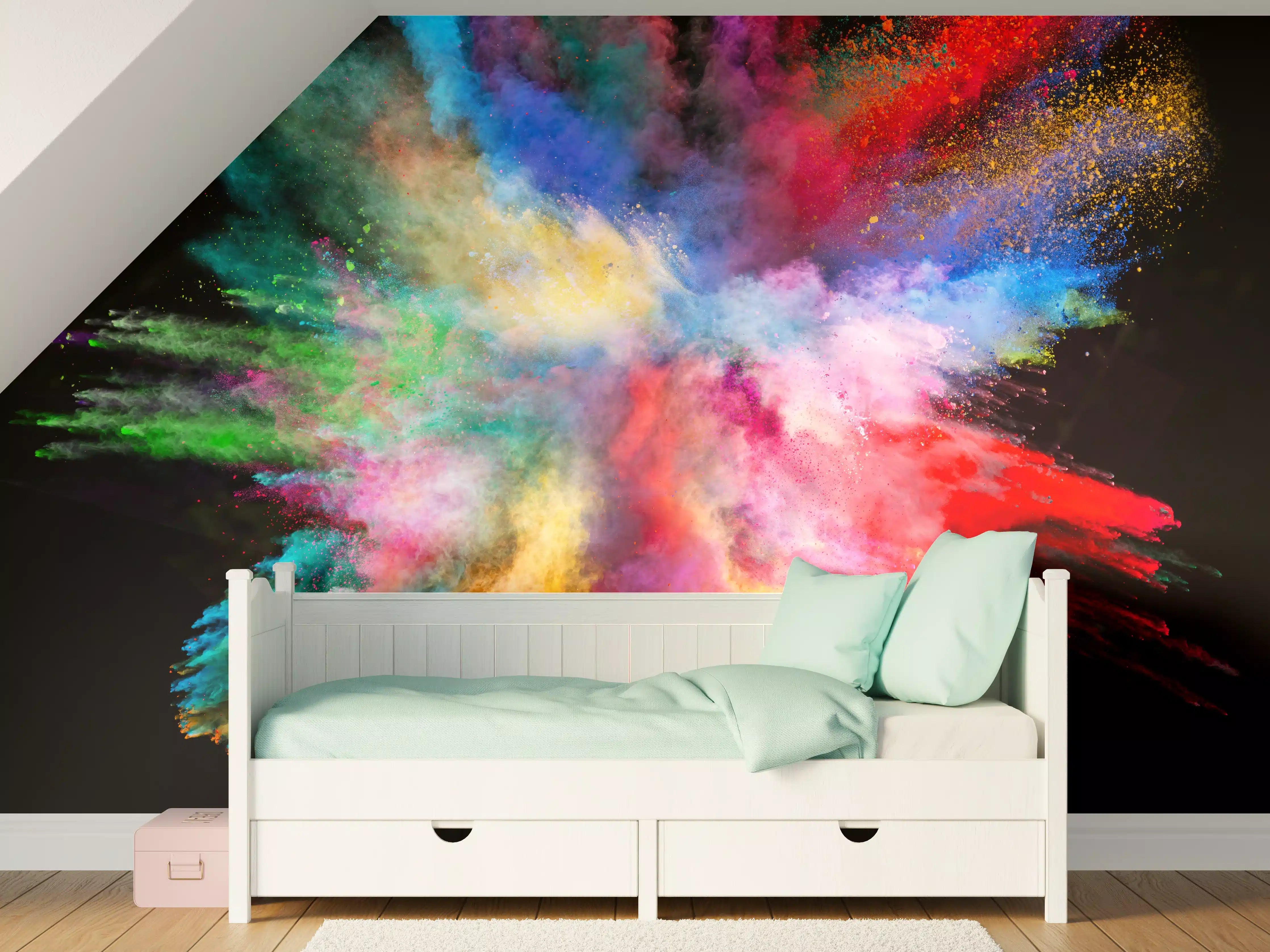 Kinderzimmer Wandgestaltung - Bunte Pulverexplosion auf schwarzem Hintergrund