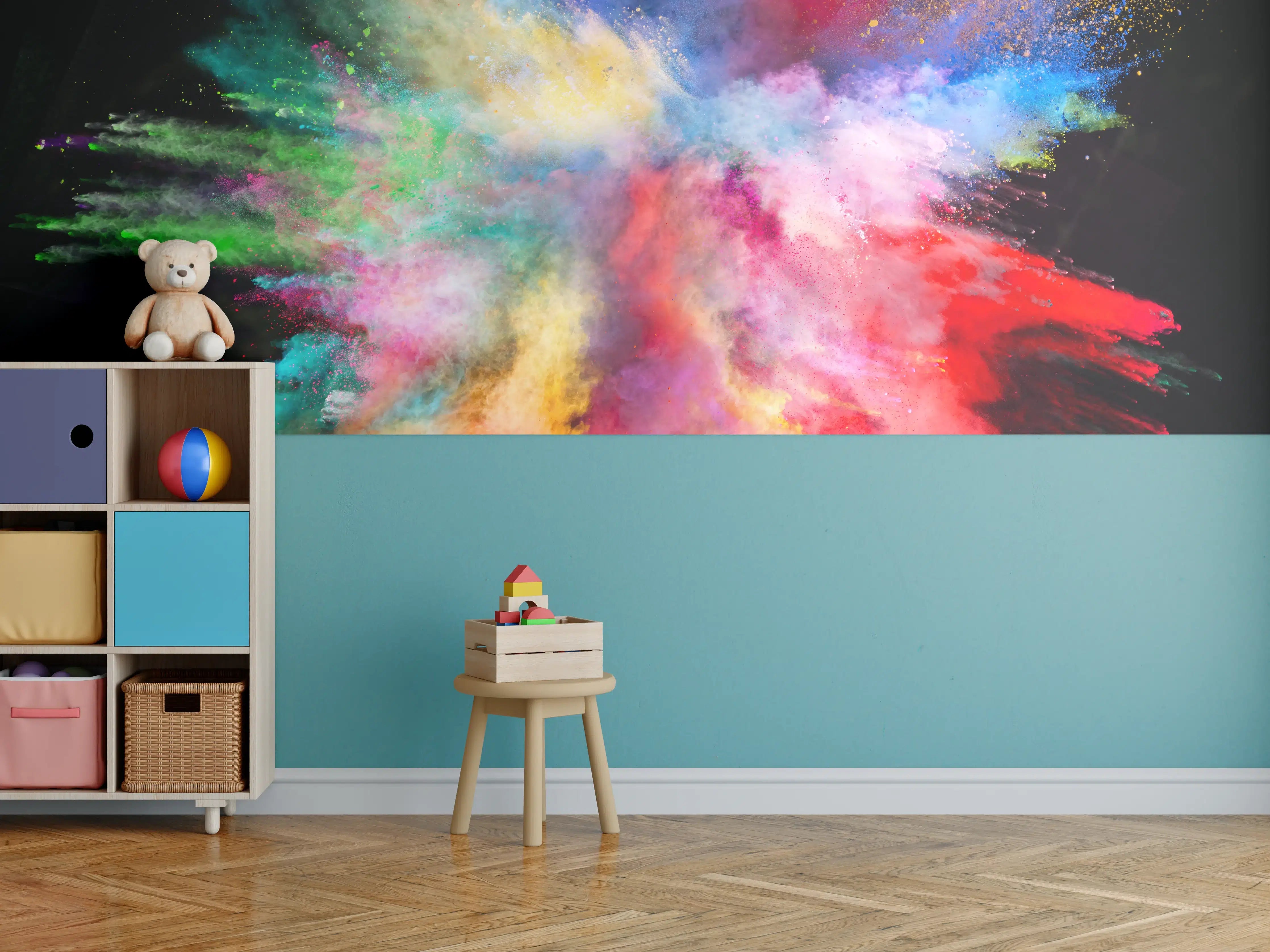Kinderzimmer Wandgestaltung - Bunte Pulverexplosion auf schwarzem Hintergrund