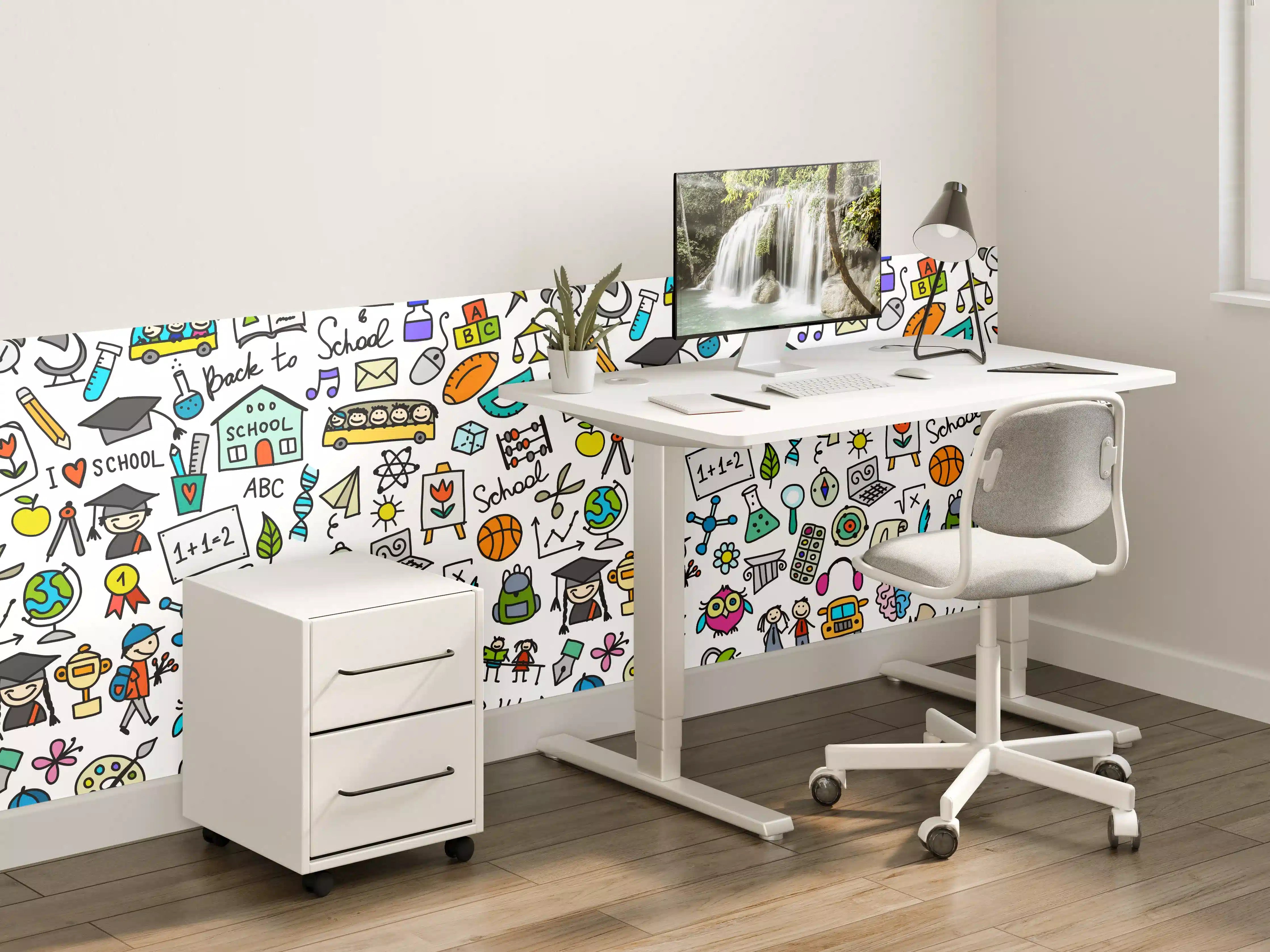 Kinderzimmer Wandgestaltung - Bunte Schulmaterialien und Kinder mit Ranzen