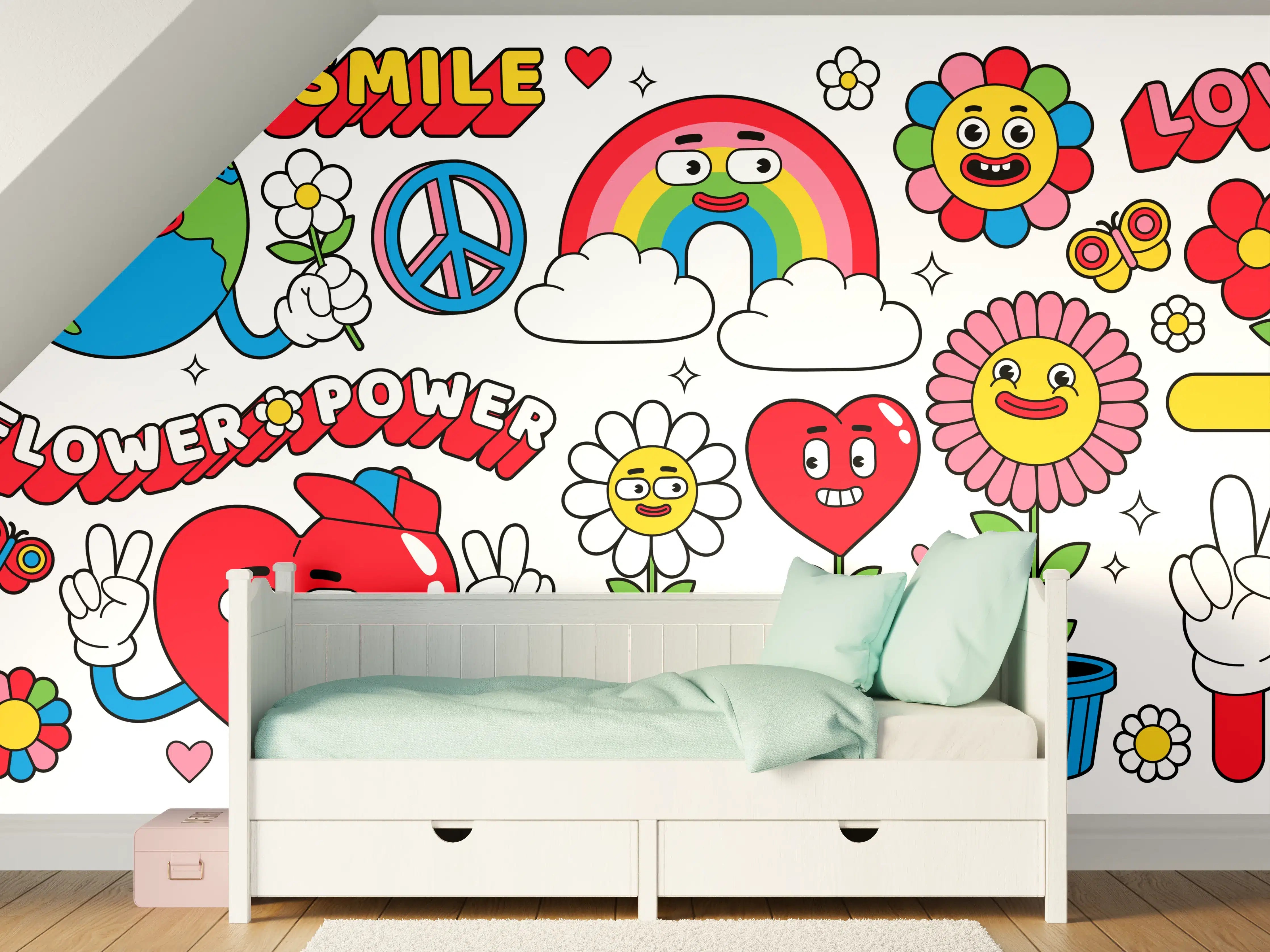 Kinderzimmer Wandgestaltung - Bunte Sticker mit lachenden Blumen und Globus