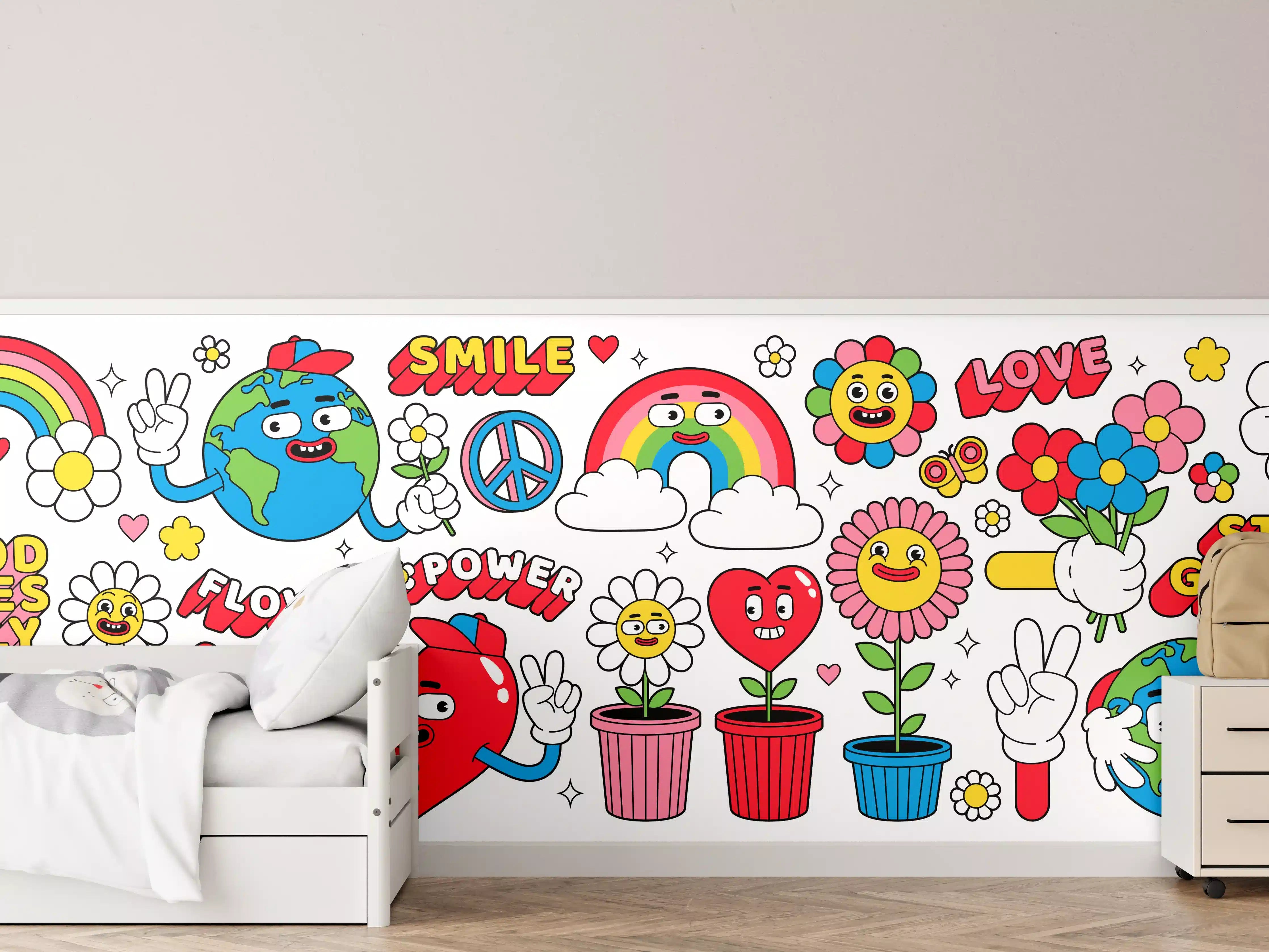 Kinderzimmer Wandgestaltung - Bunte Sticker mit lachenden Blumen und Globus