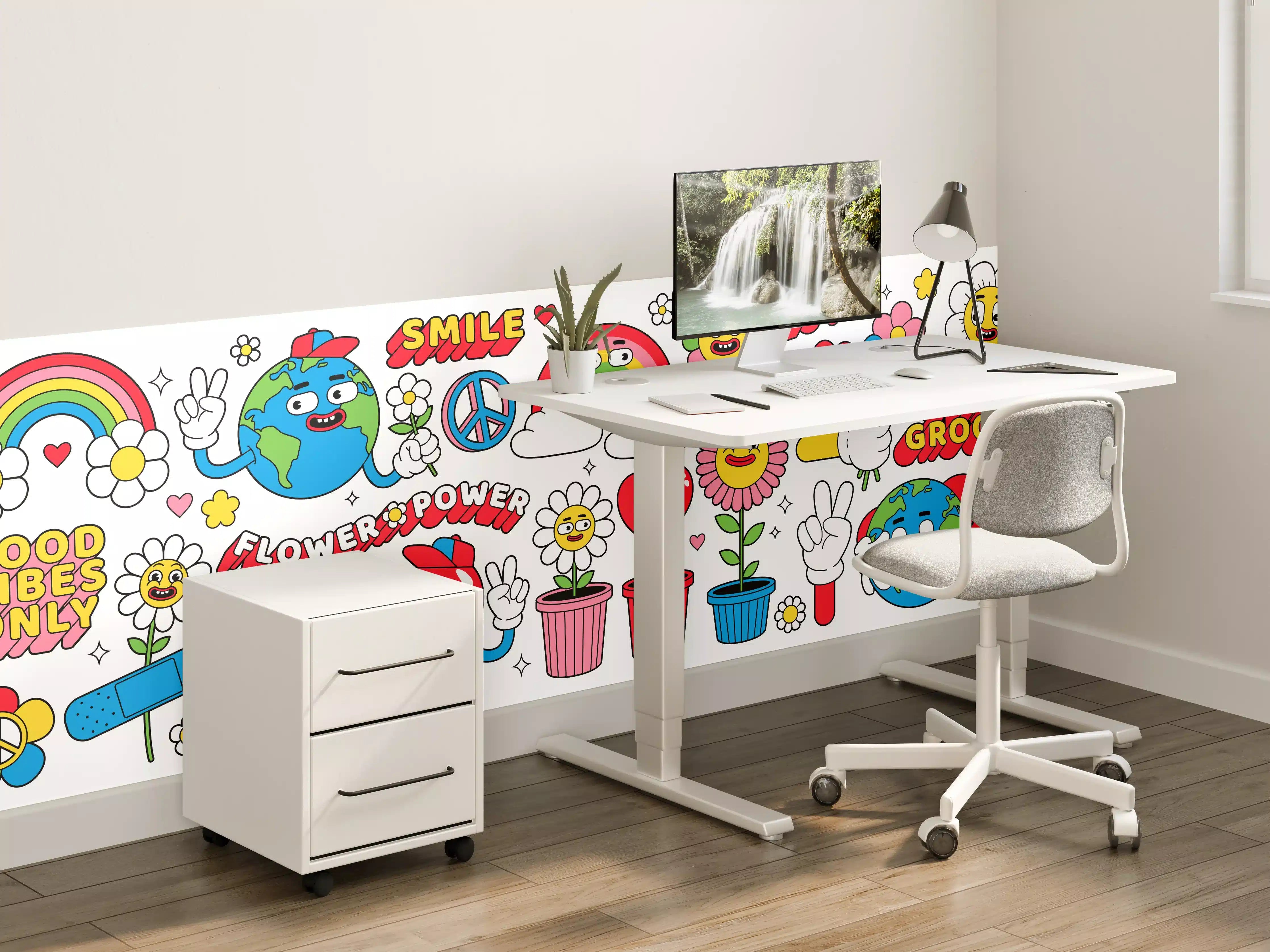Kinderzimmer Wandgestaltung - Bunte Sticker mit lachenden Blumen und Globus