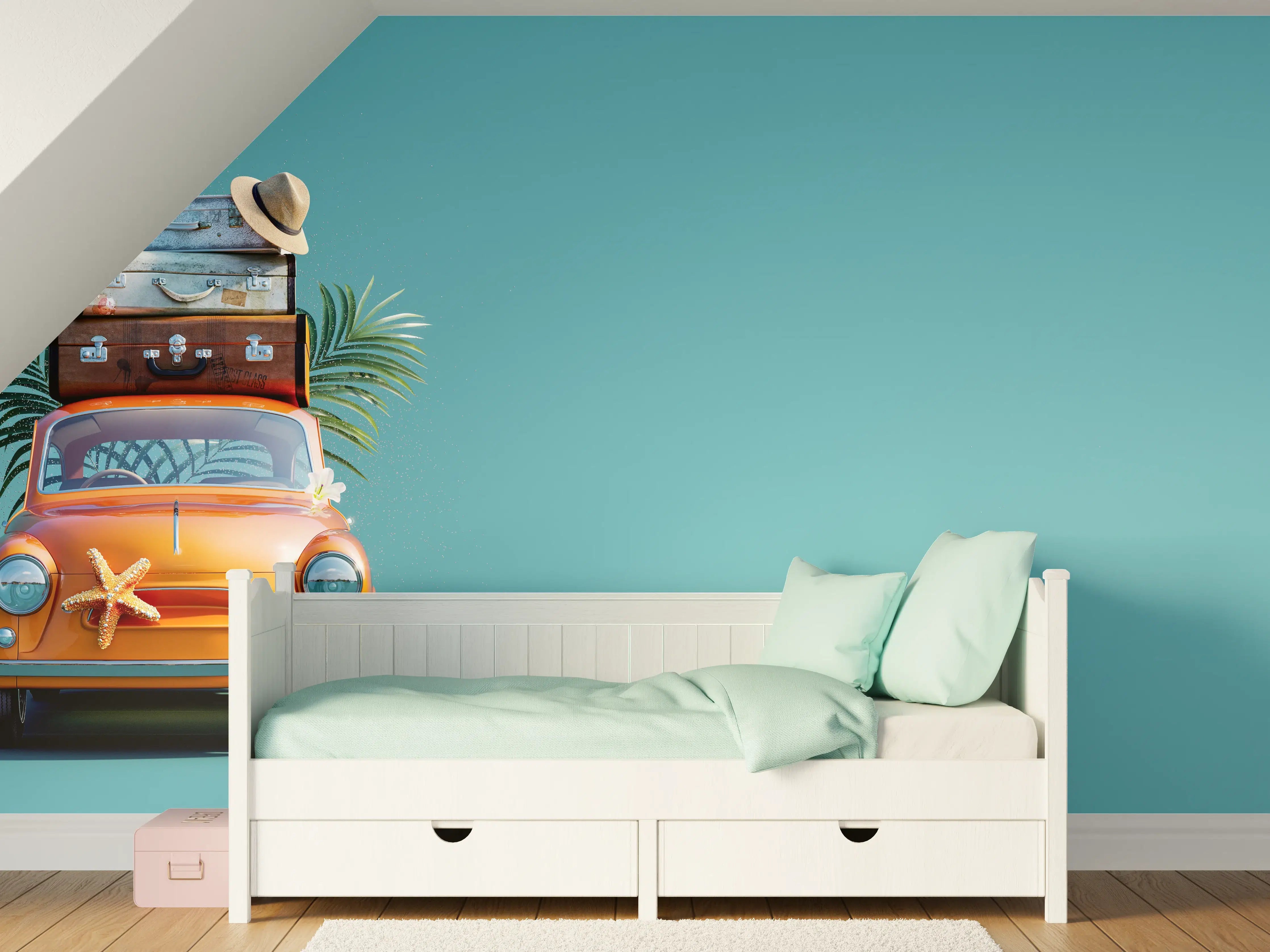 Kinderzimmer Wandgestaltung - Bunte Strand-Bus-Szene mit Reisegepäck
