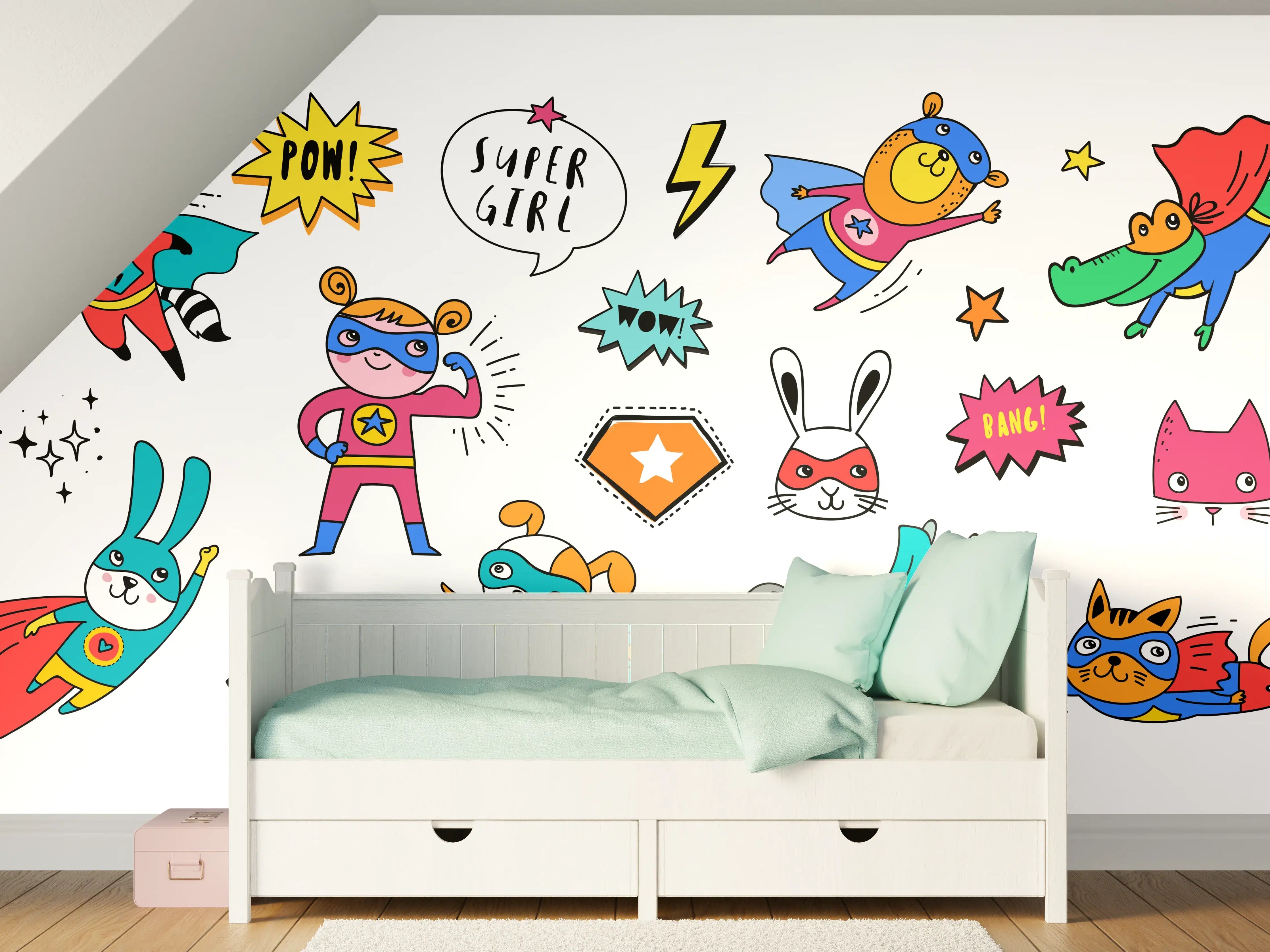Kinderzimmer Wandgestaltung - Bunte Superhelden Tierillustration