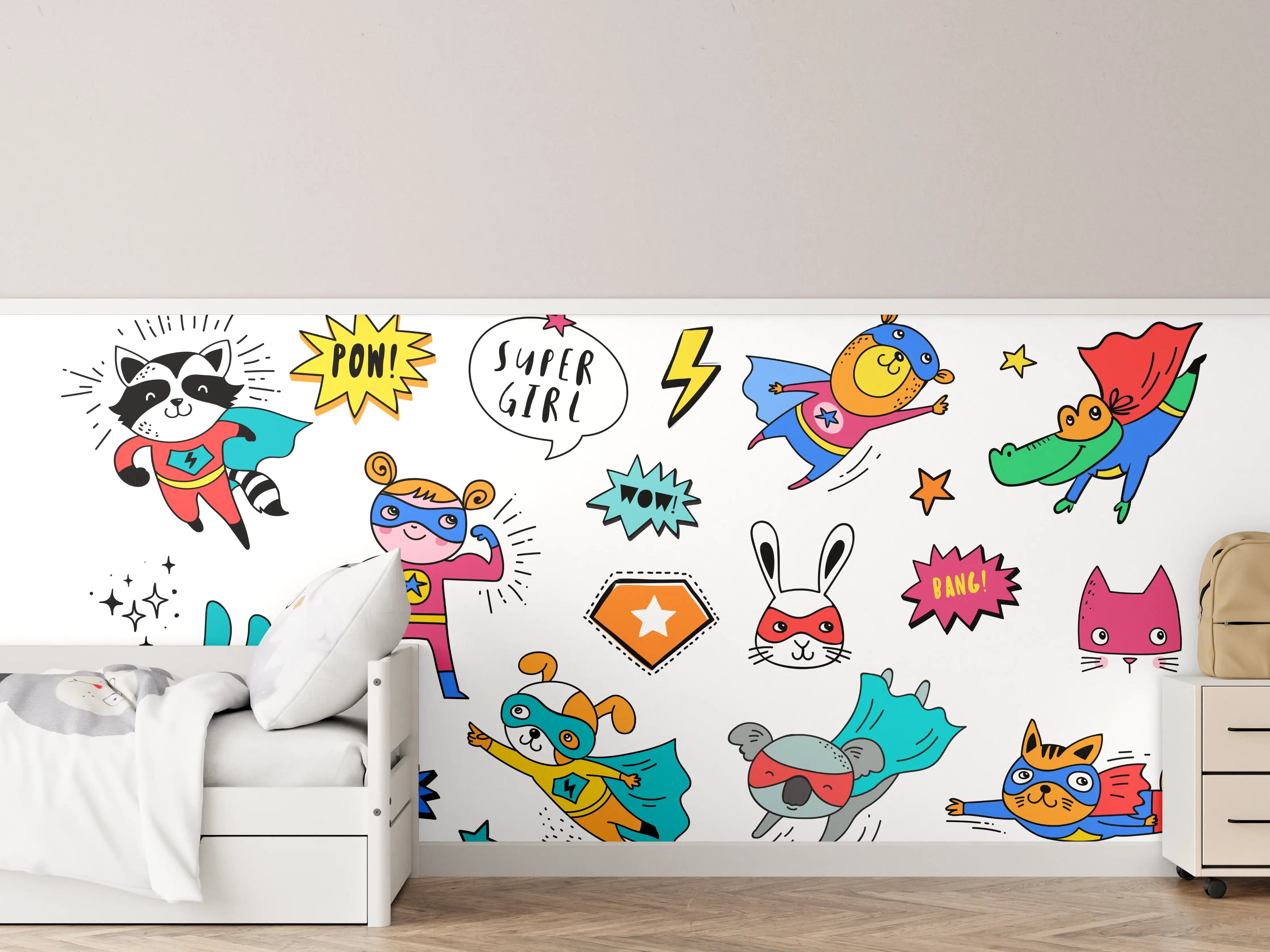 Kinderzimmer Wandgestaltung - Bunte Superhelden Tierillustration