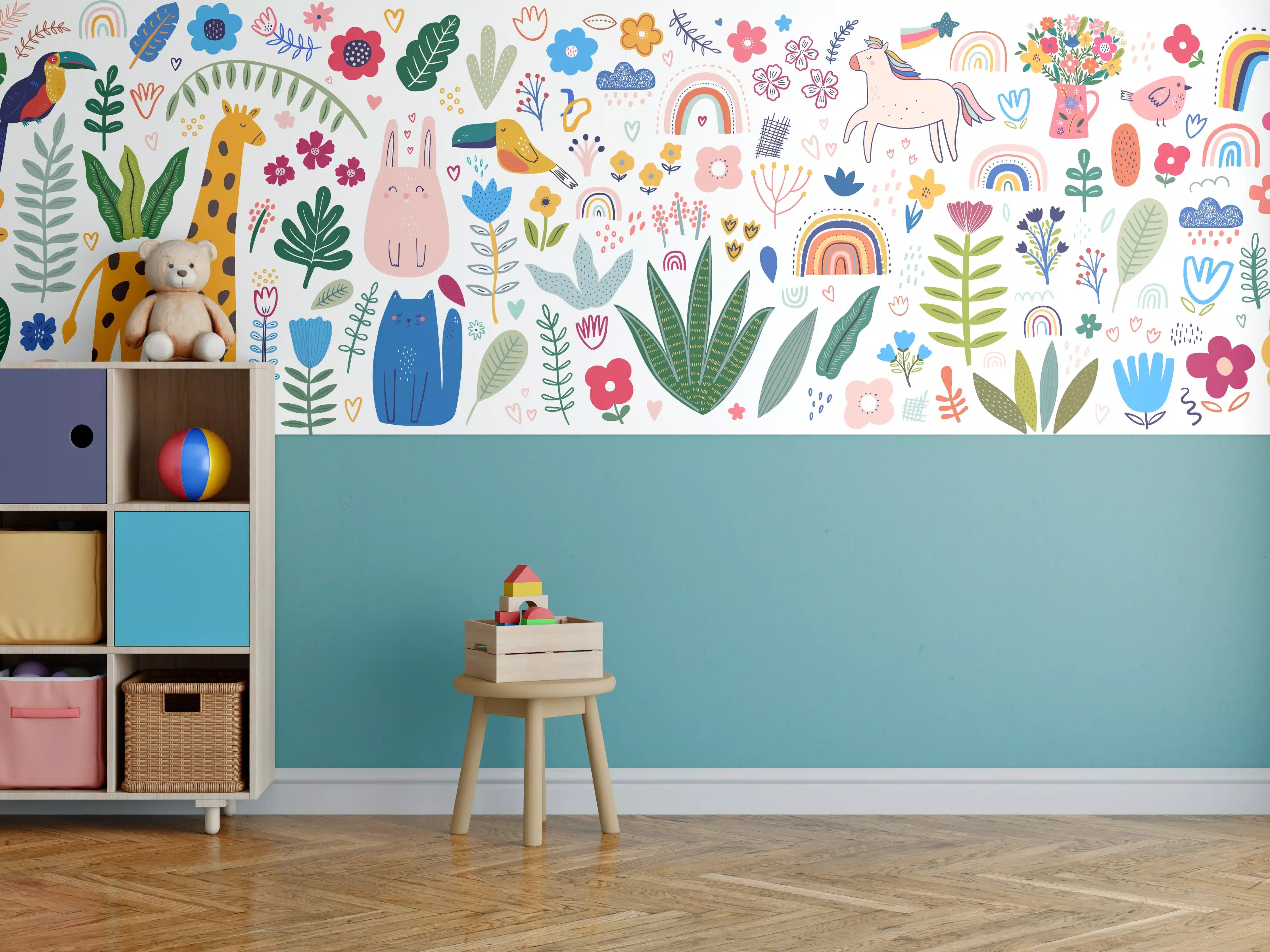 Kinderzimmer Wandgestaltung - Bunte Tier-und Pflanzenmuster