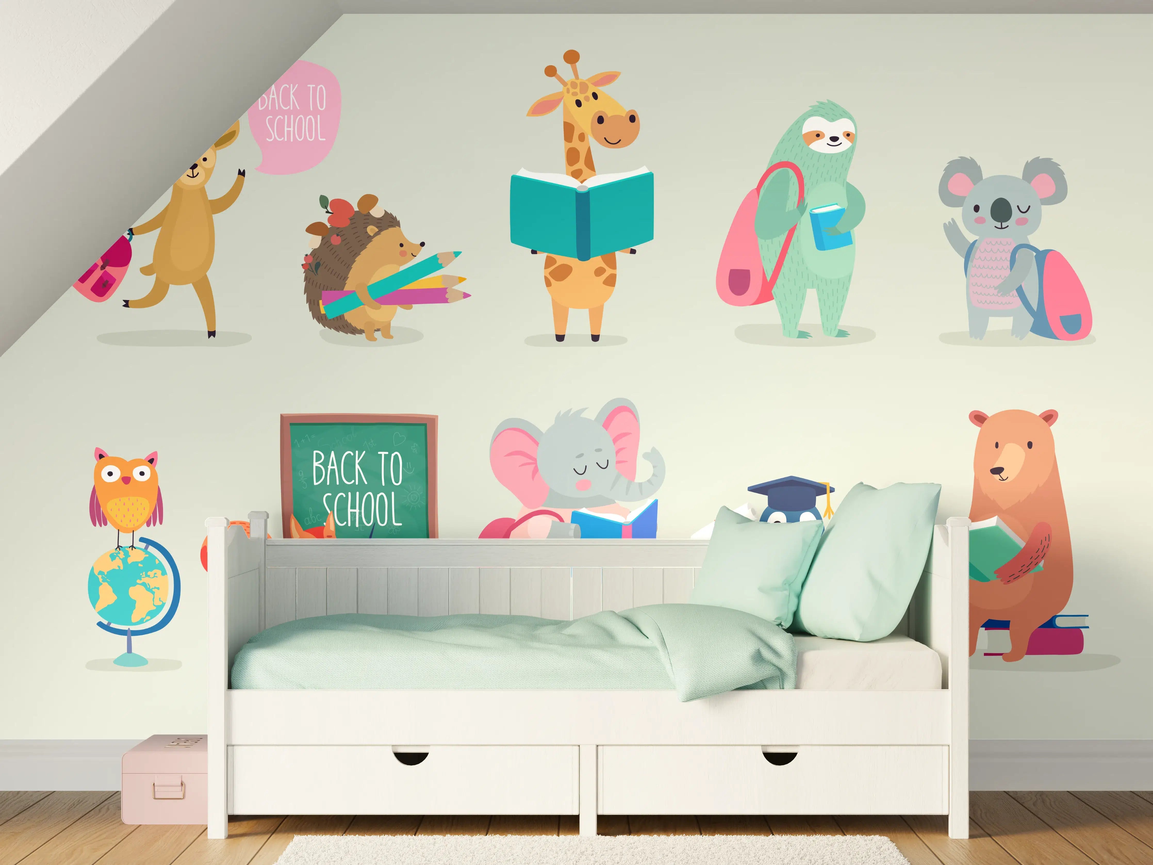 Kinderzimmer Wandgestaltung - Bunte Tiere Schulanfang Illustration