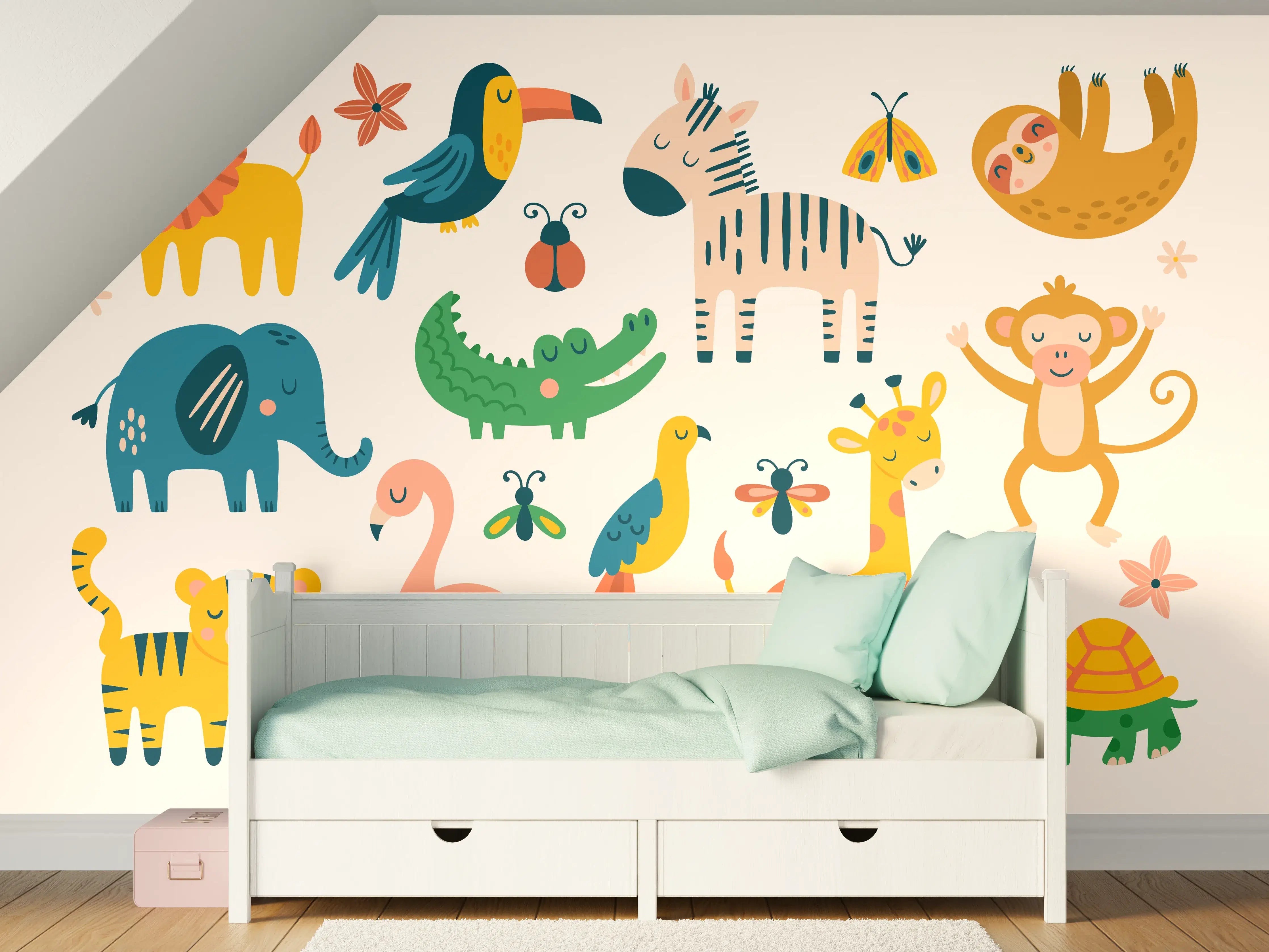Kinderzimmer Wandgestaltung - Bunte Tierfiguren Illustration