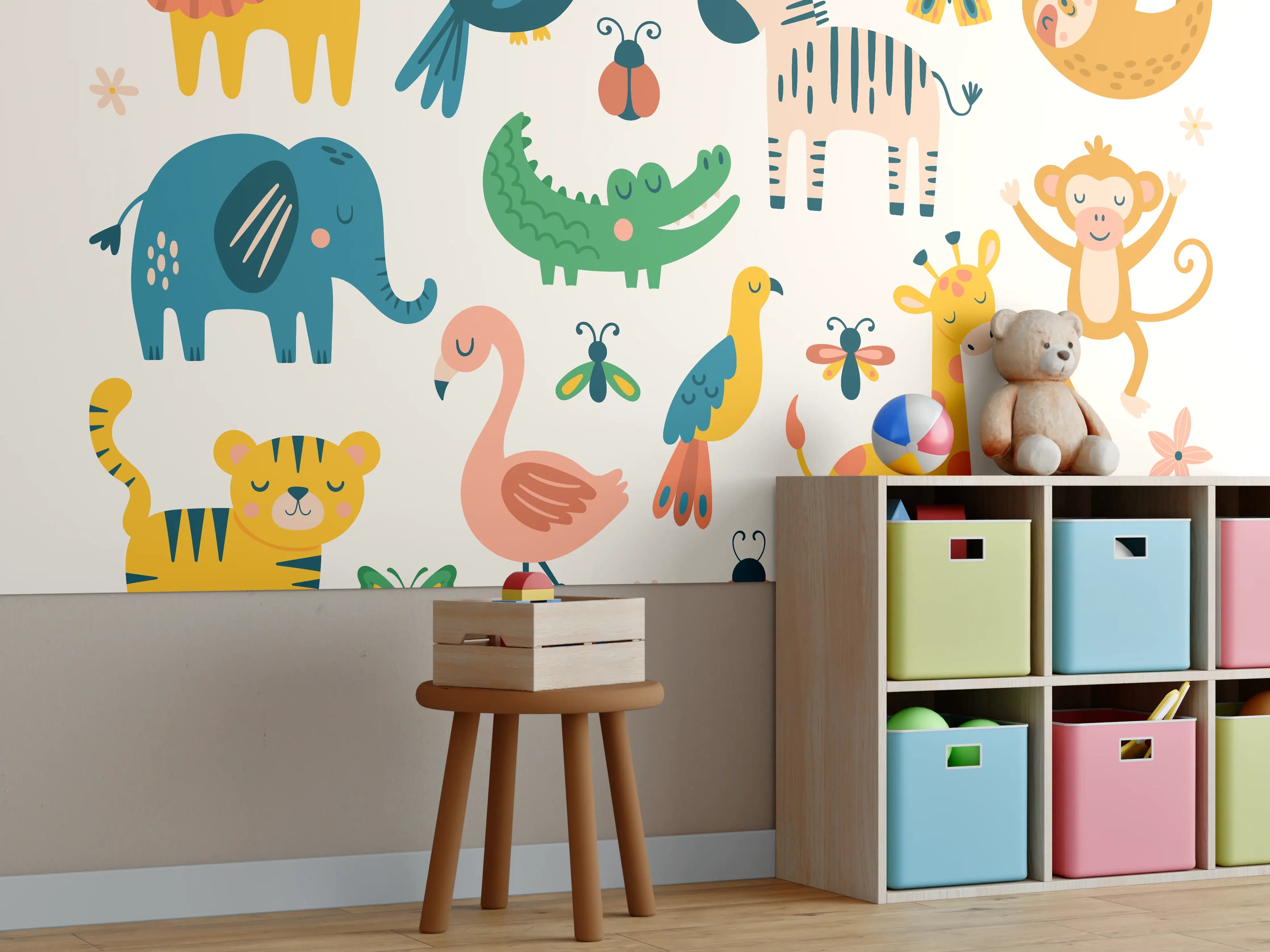 Kinderzimmer Wandgestaltung - Bunte Tierfiguren Illustration