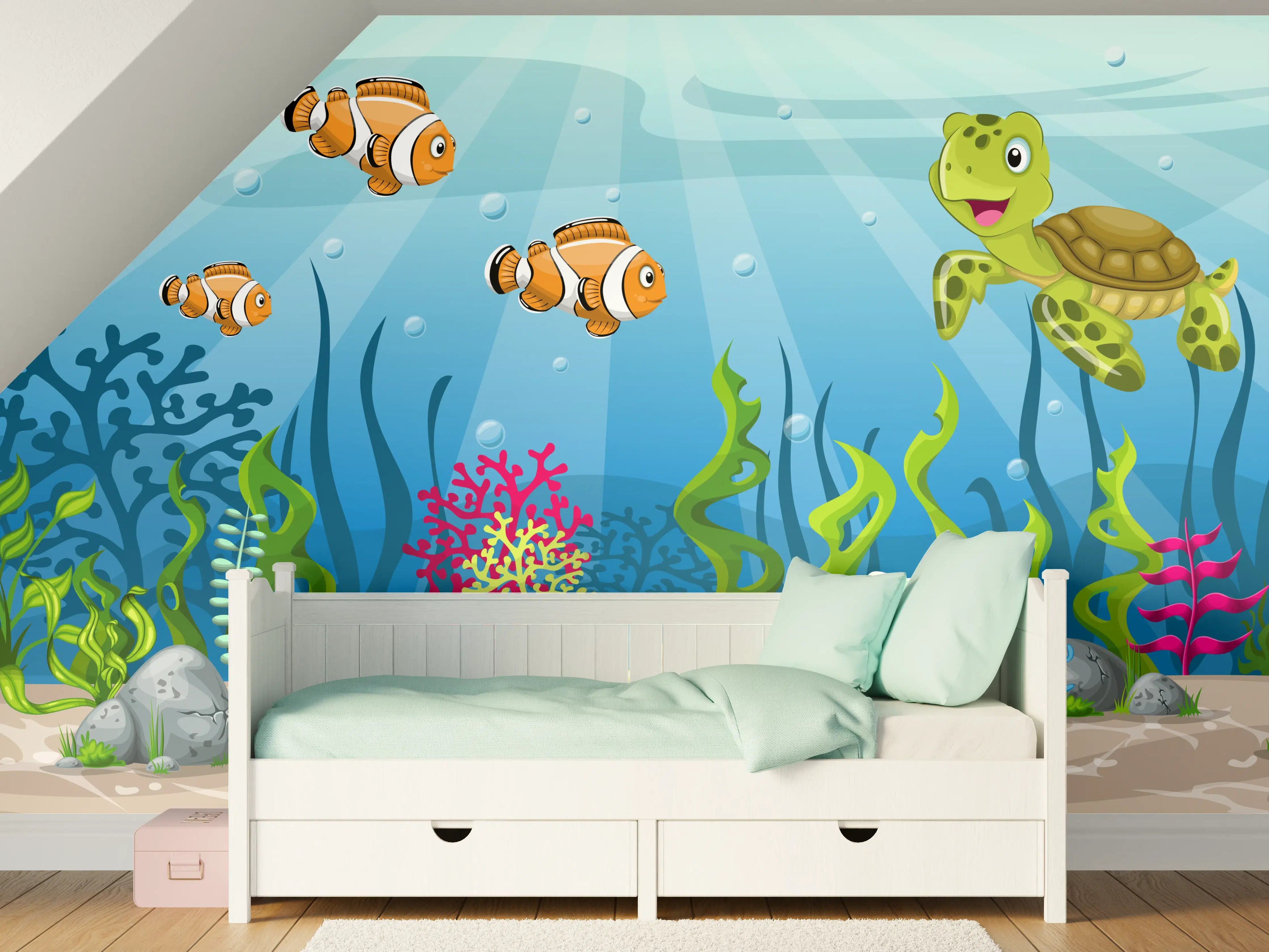 Kinderzimmer Wandgestaltung - Bunte Unterwasserwelt mit Fischen und Meerestieren