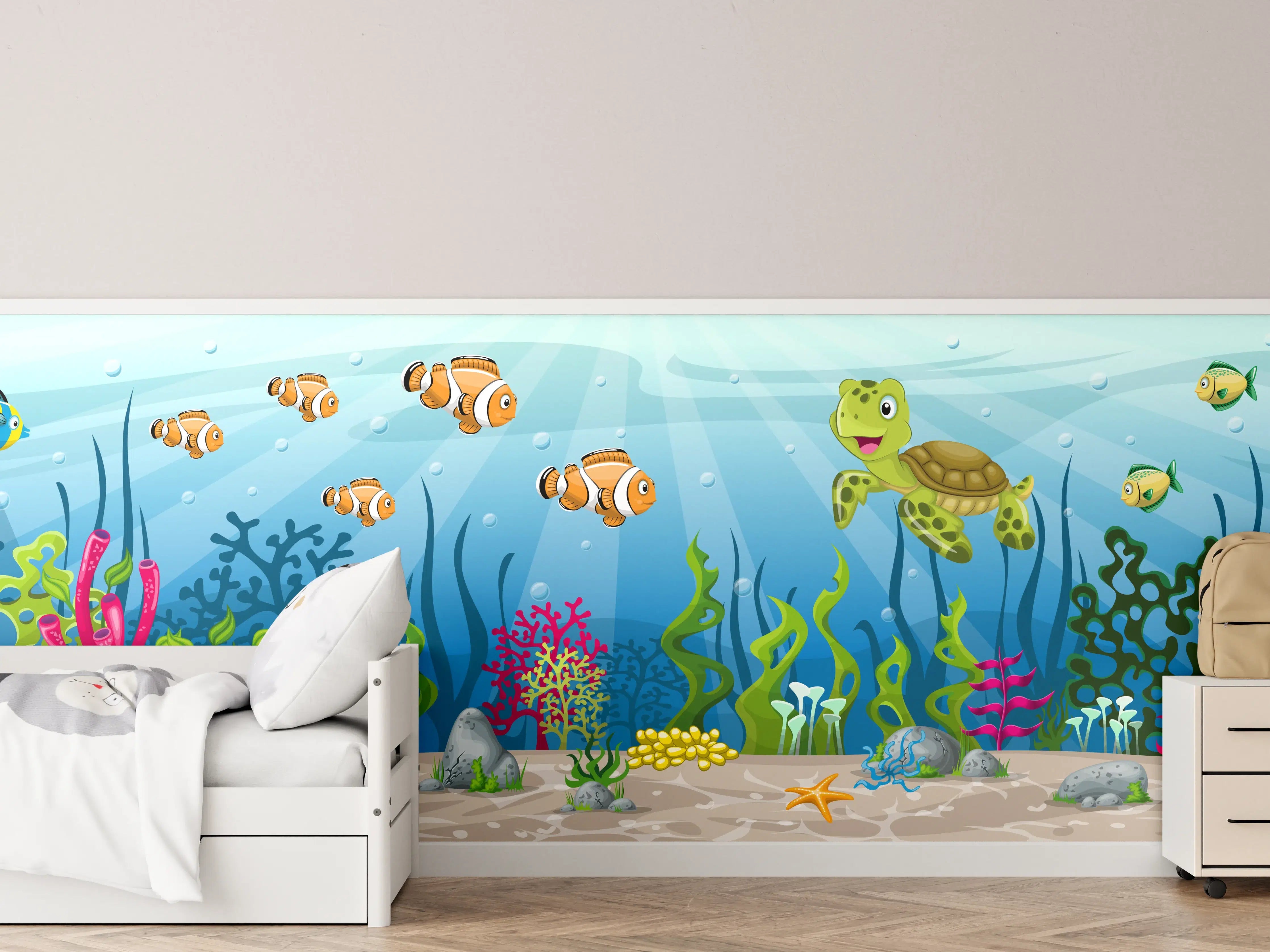 Kinderzimmer Wandgestaltung - Bunte Unterwasserwelt mit Fischen und Meerestieren