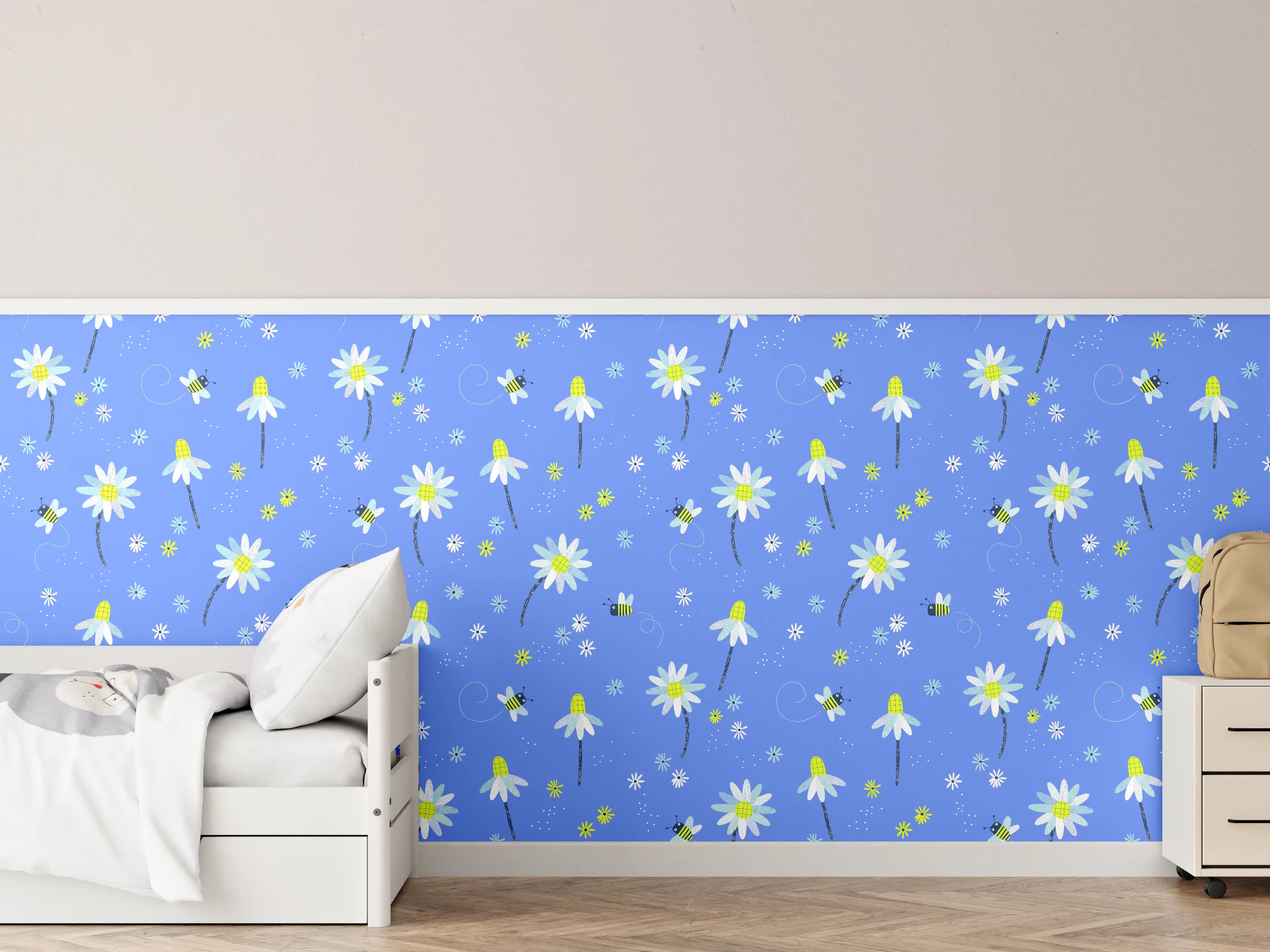 Kinderzimmer Wandgestaltung - Bunte Wildblumen auf blauem Hintergrund