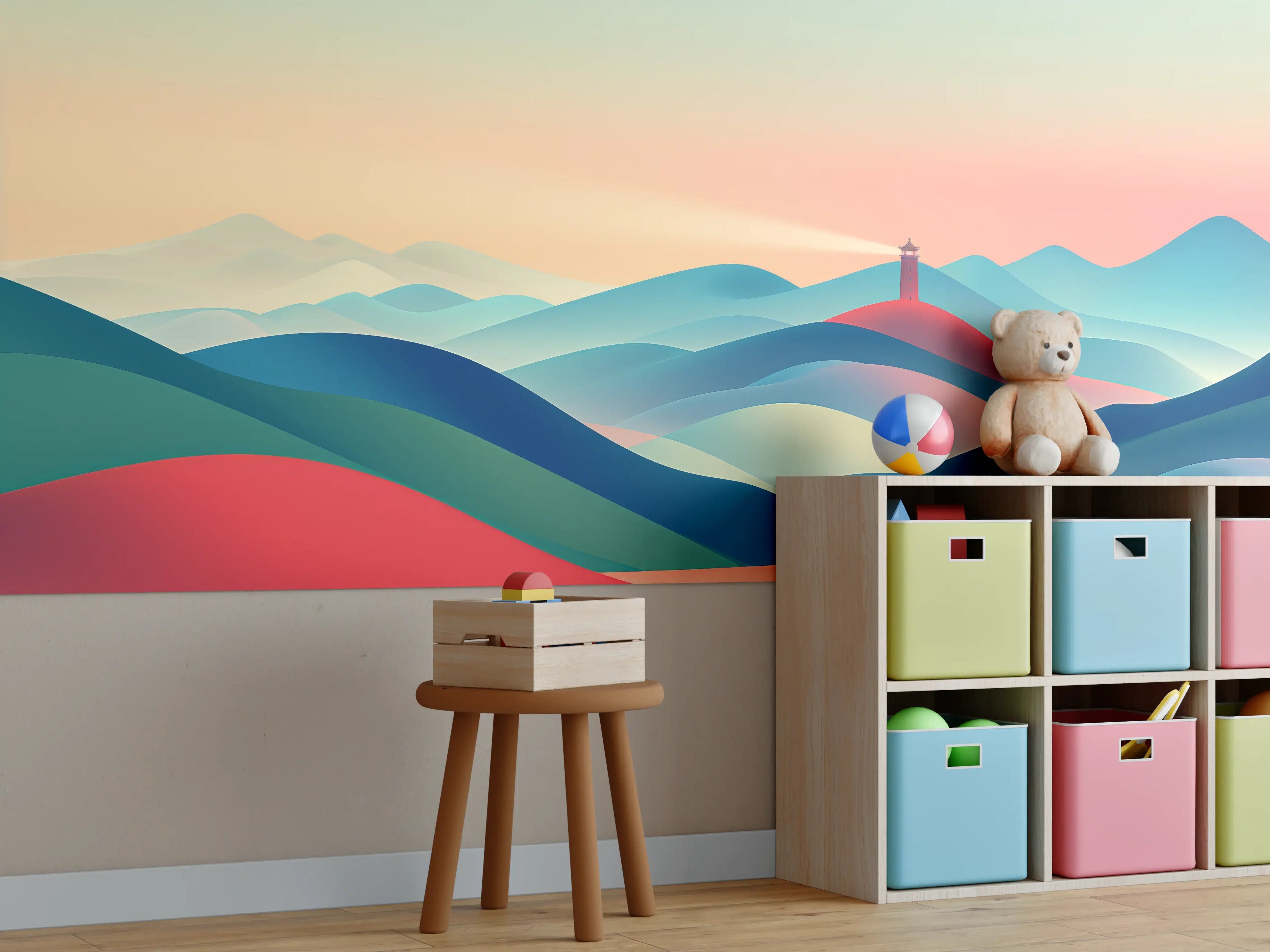 Kinderzimmer Wandgestaltung - Bunte abstrakte Landschaft mit Leuchtturm