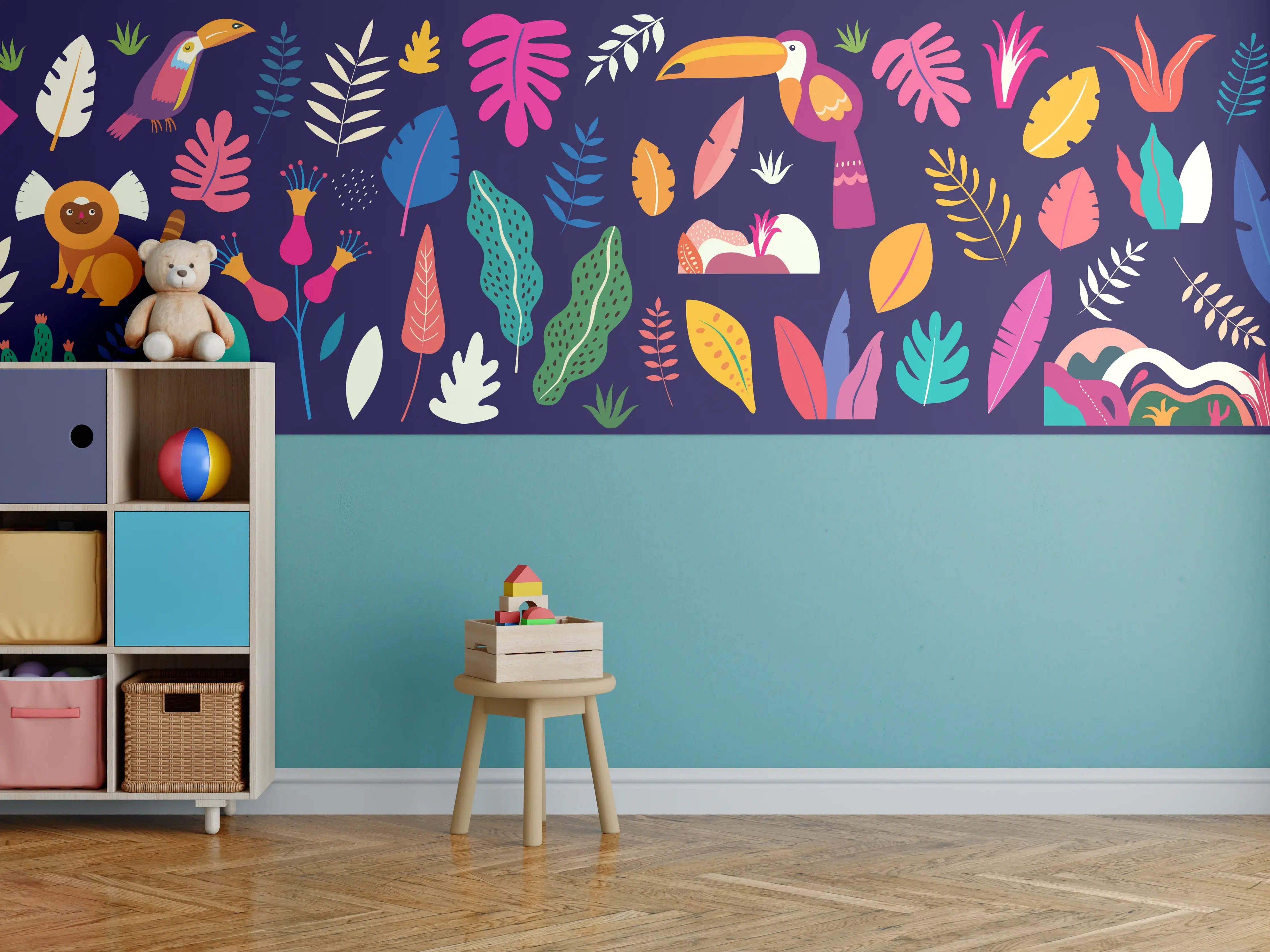 Kinderzimmer Wandgestaltung - Bunte exotische Vogel- und Pflanzenwelt