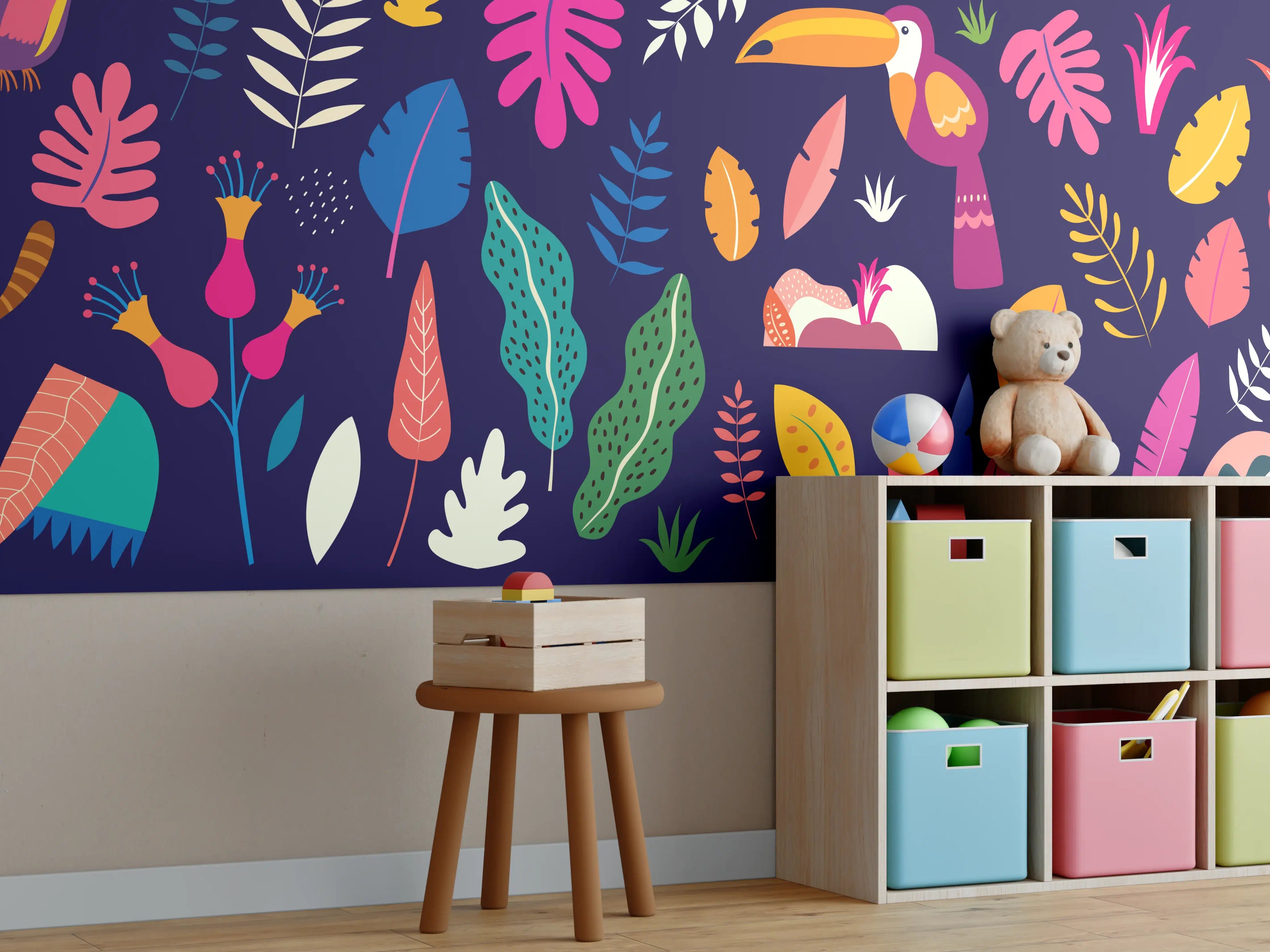 Kinderzimmer Wandgestaltung - Bunte exotische Vogel- und Pflanzenwelt