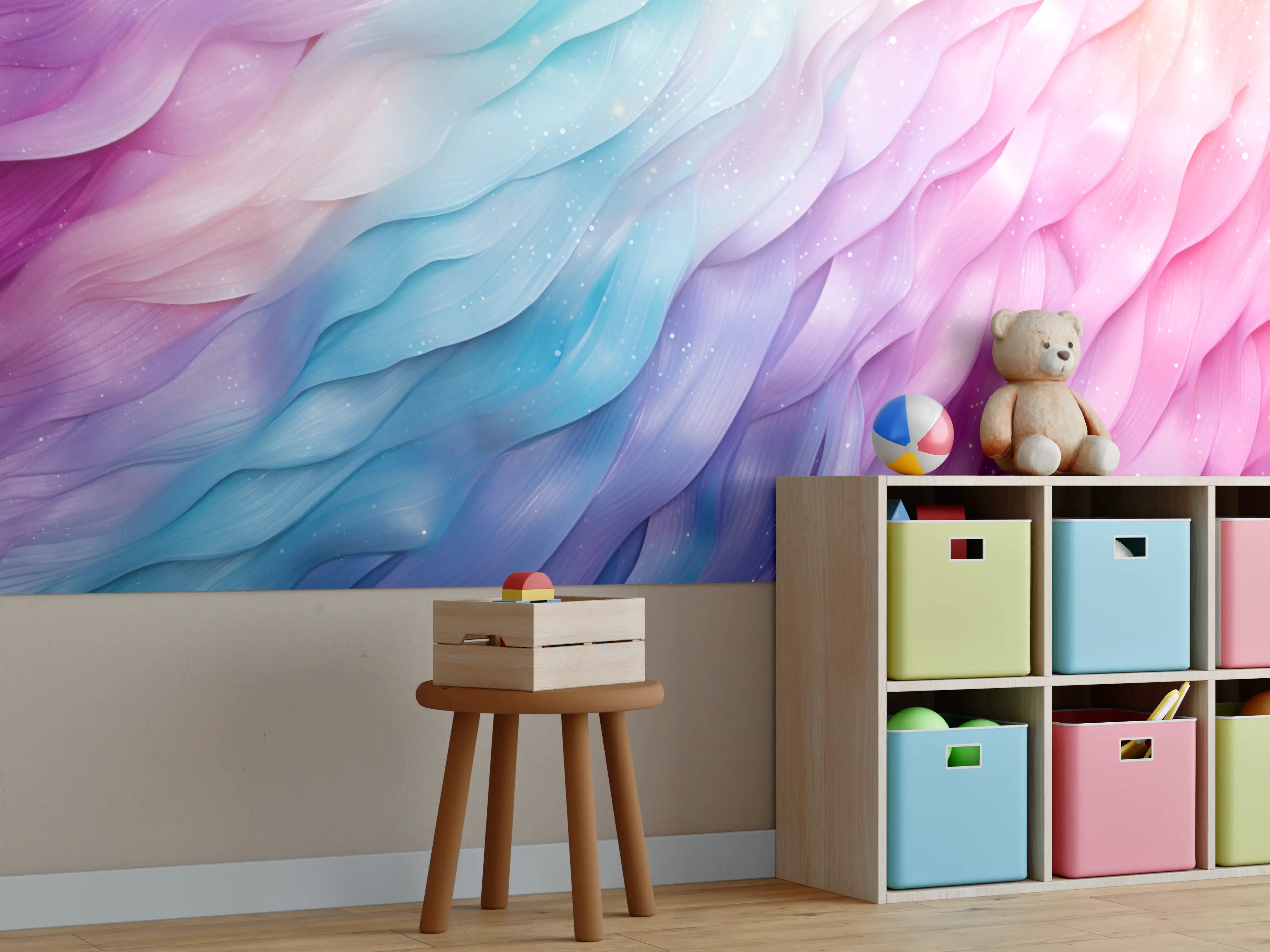Kinderzimmer Wandgestaltung - Bunte, abstrakte Wellen mit Pastellfarben