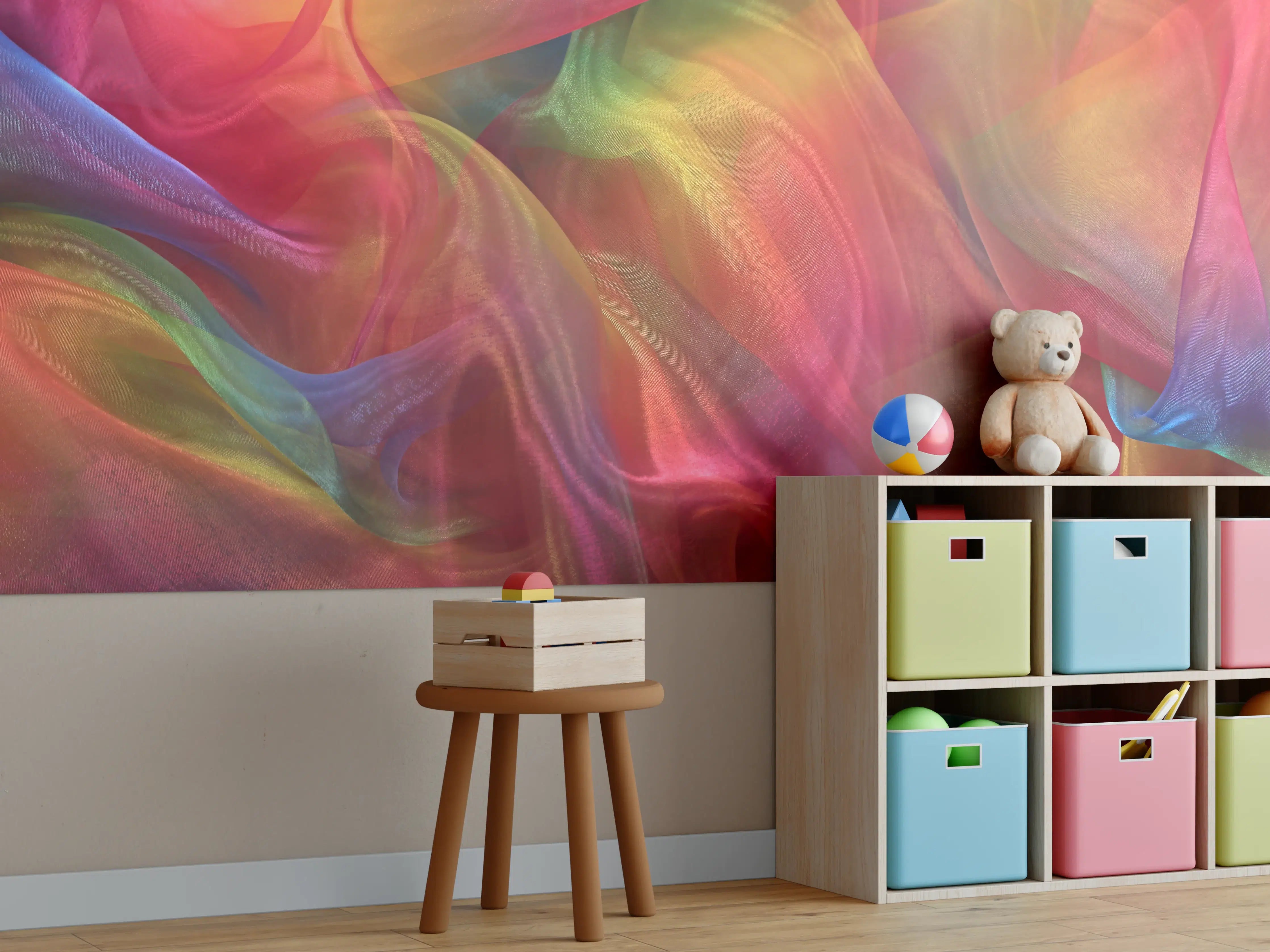 Kinderzimmer Wandgestaltung - Bunte, farbige Stoffe mit fließender Textur