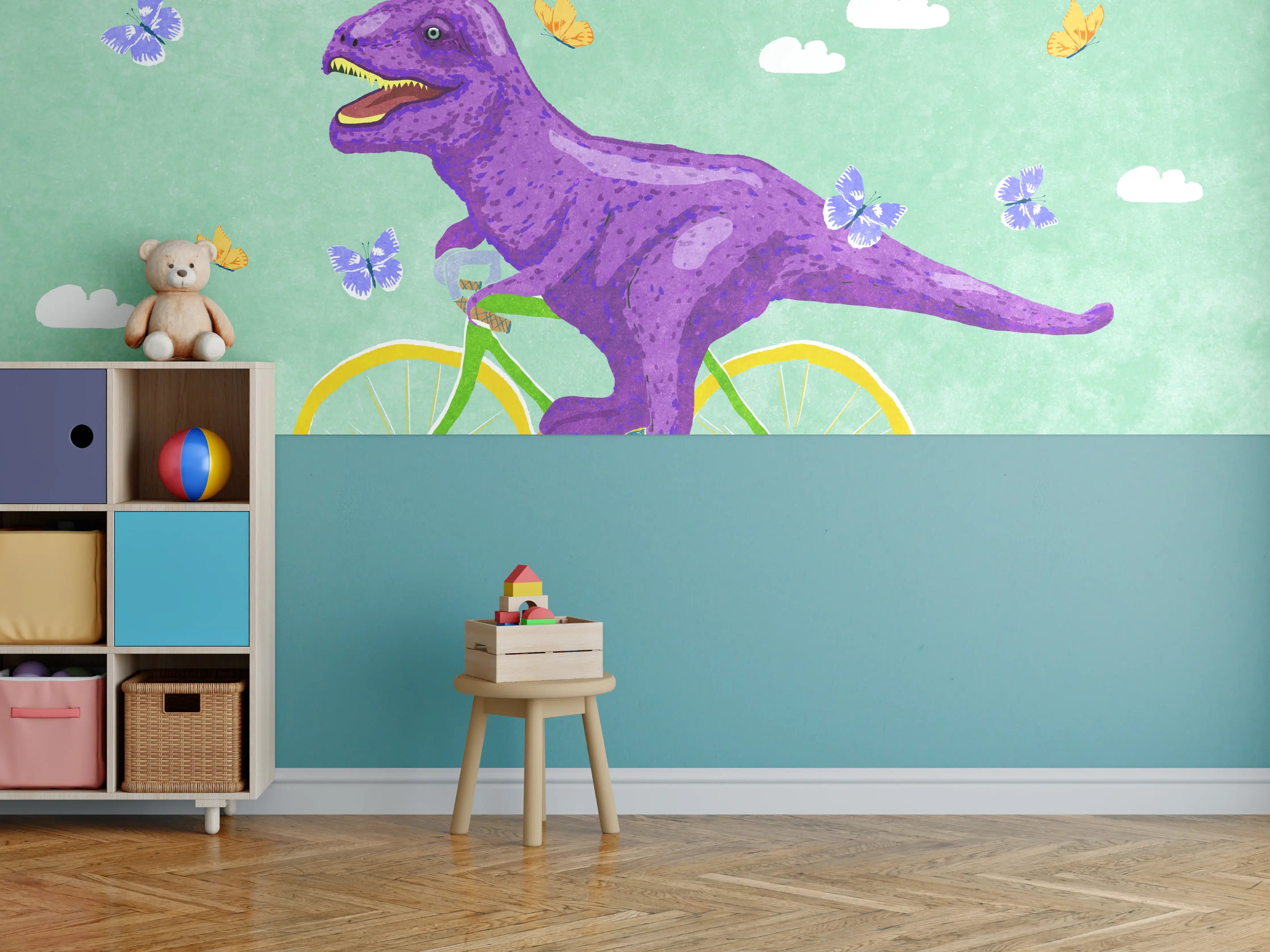 Kinderzimmer Wandgestaltung - Bunter Dino auf Fahrrad