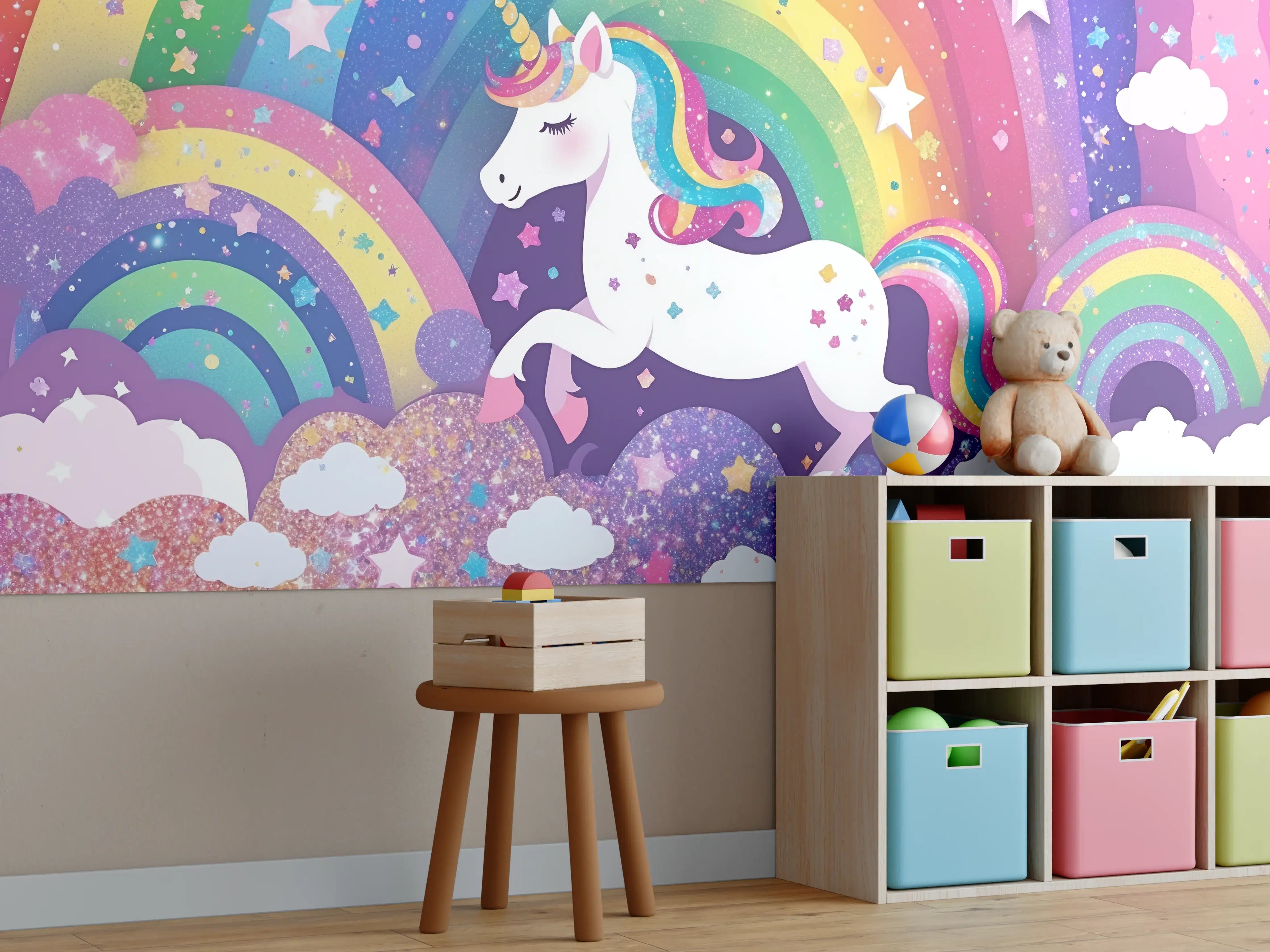 Kinderzimmer Wandgestaltung - Bunter Einhorn mit Regenbogen-Hintergrund