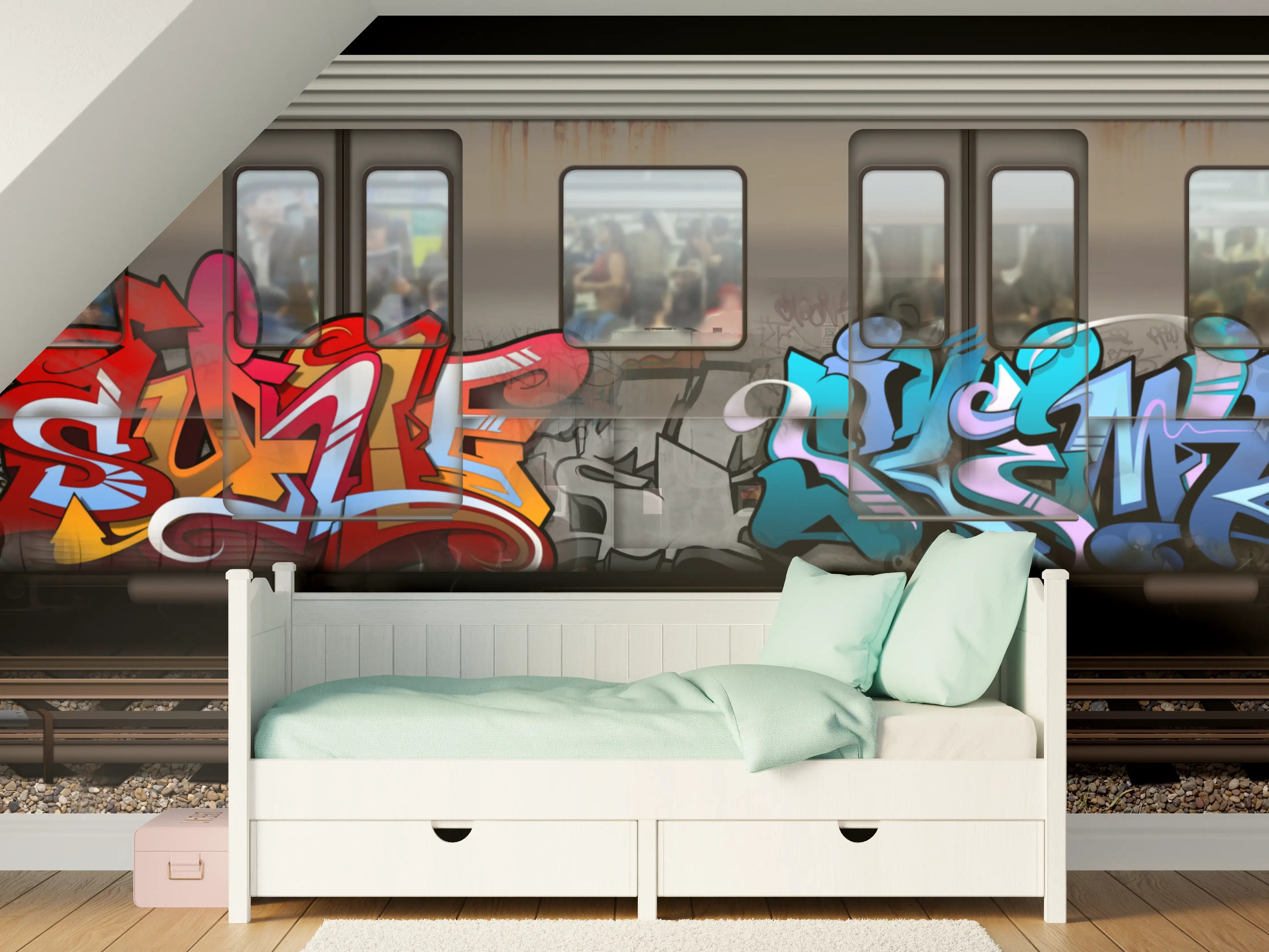 Kinderzimmer Wandgestaltung - Bunter Graffiti-Zug Kunstwerk