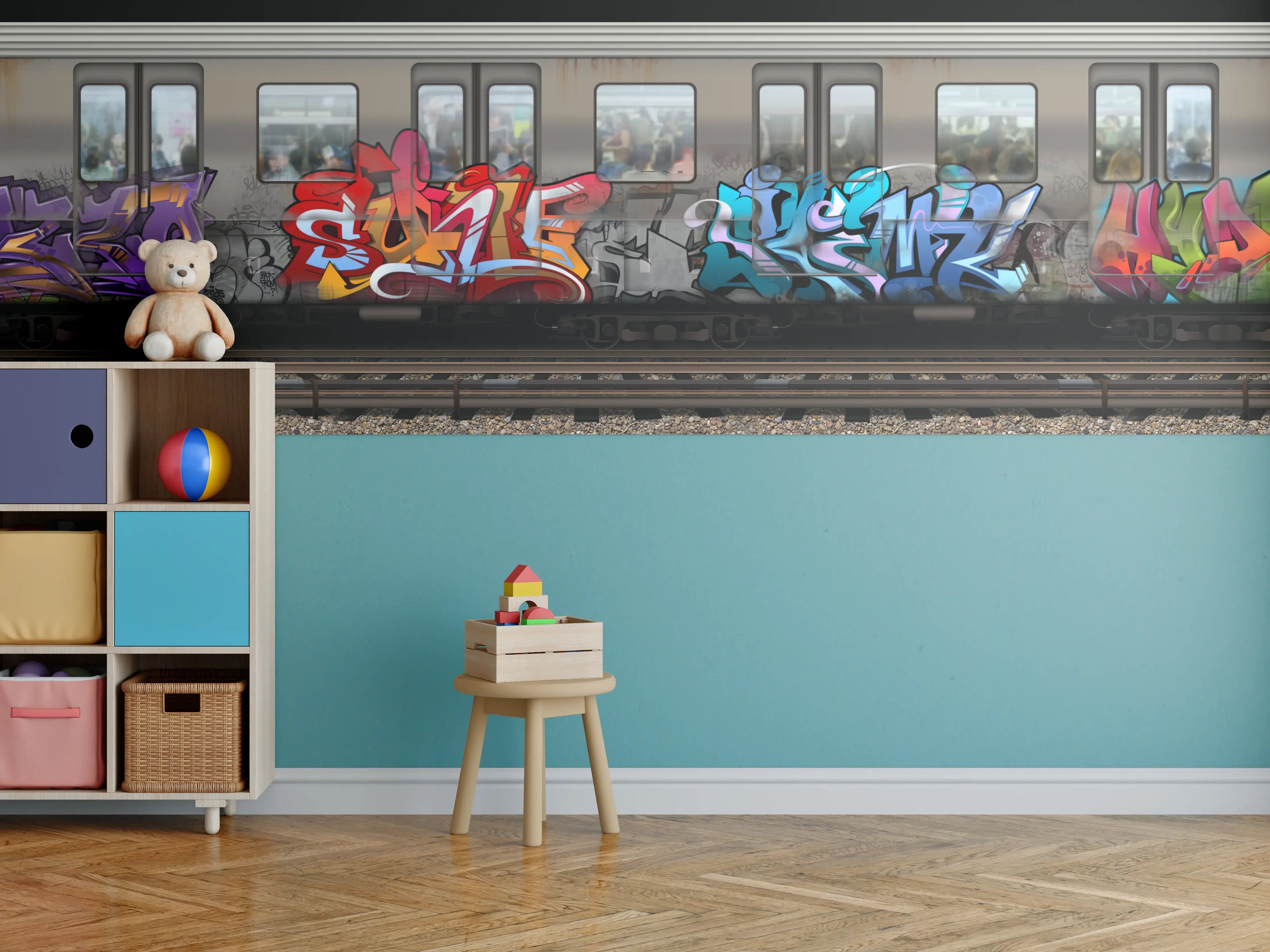 Kinderzimmer Wandgestaltung - Bunter Graffiti-Zug Kunstwerk