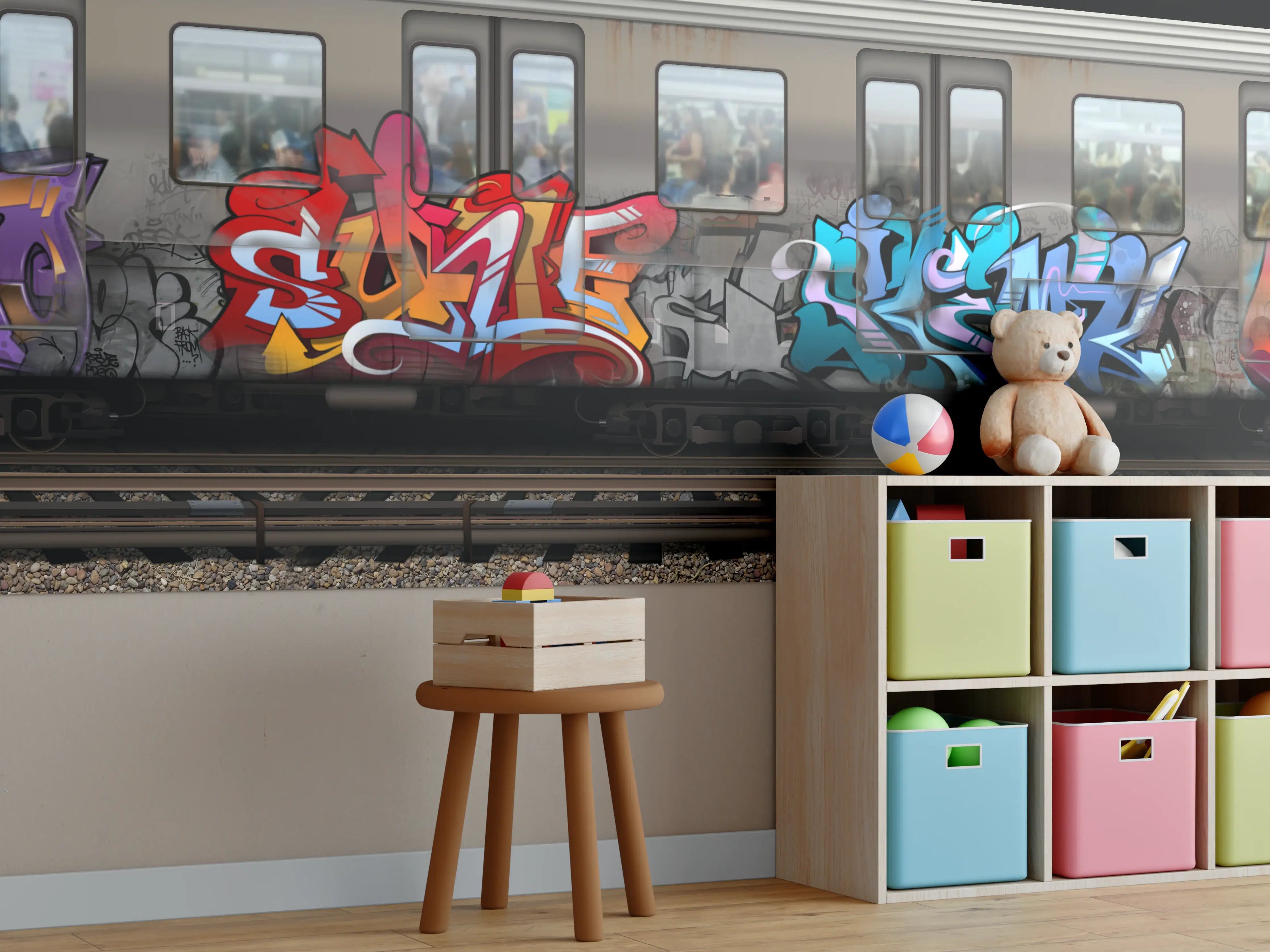 Kinderzimmer Wandgestaltung - Bunter Graffiti-Zug Kunstwerk