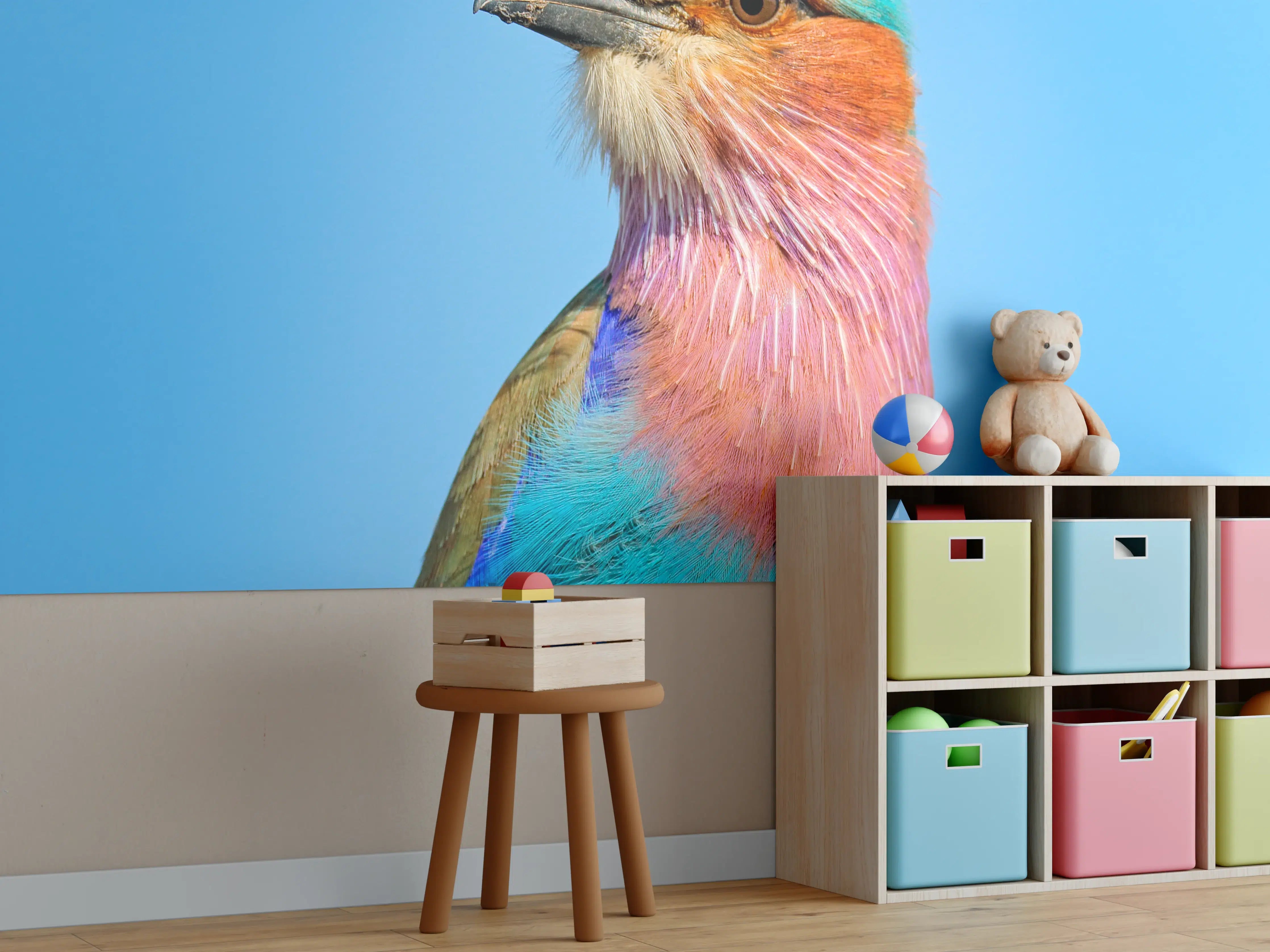 Kinderzimmer Wandgestaltung - Bunter Paradiesvogel vor Himmelblauem Hintergrund