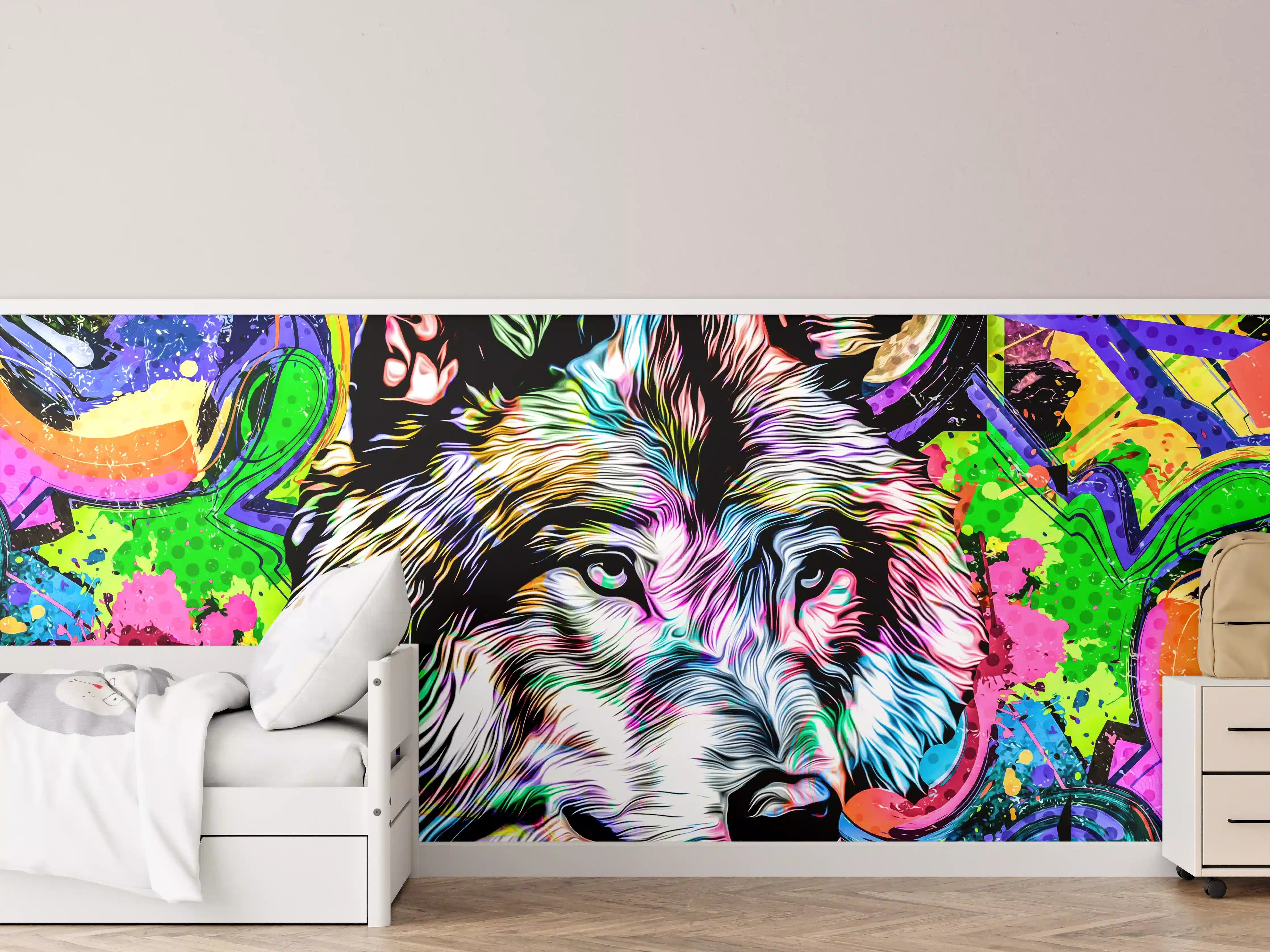 Kinderzimmer Wandgestaltung - Bunter Wolf im Graffiti-Stil