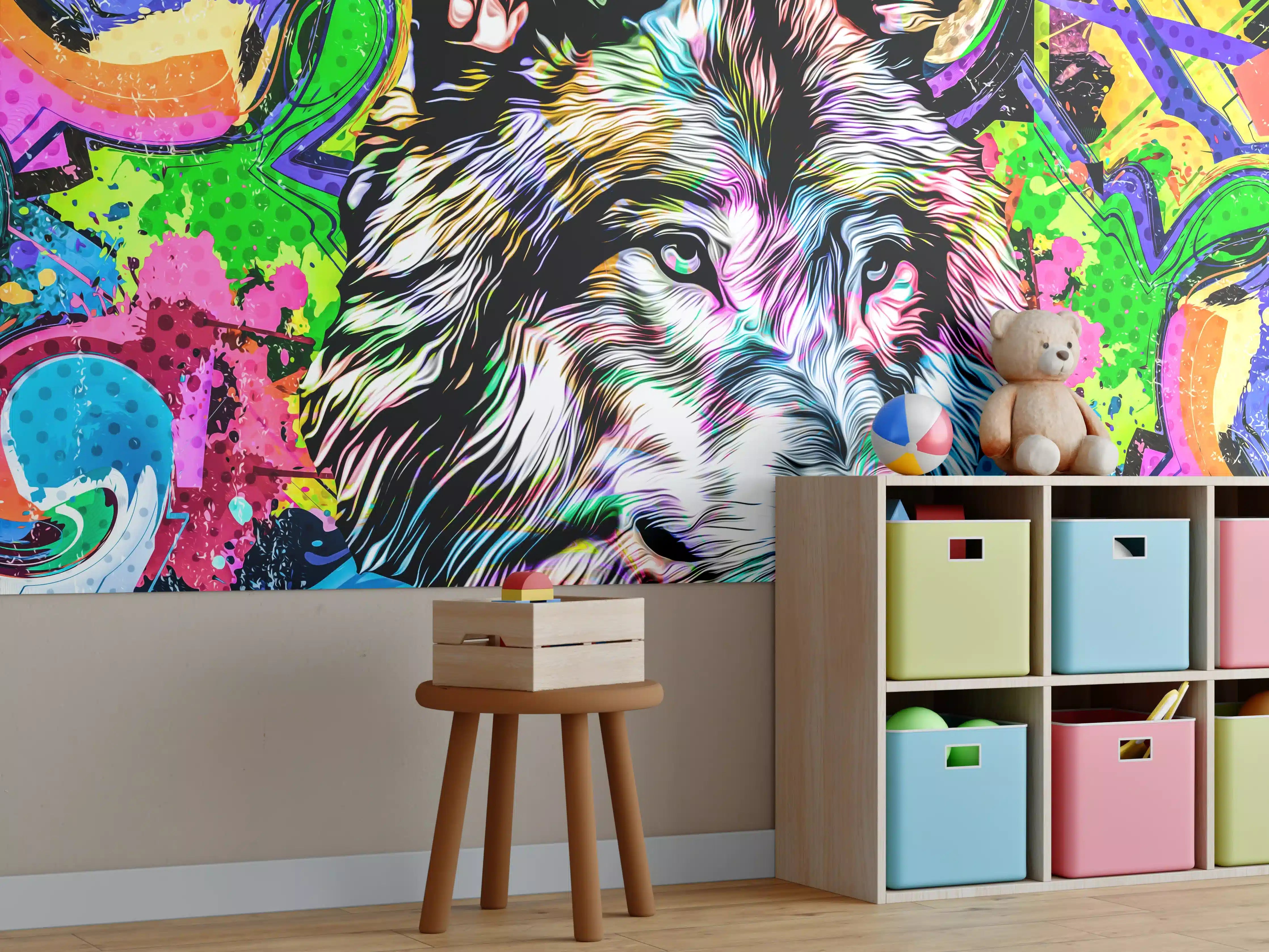 Kinderzimmer Wandgestaltung - Bunter Wolf im Graffiti-Stil