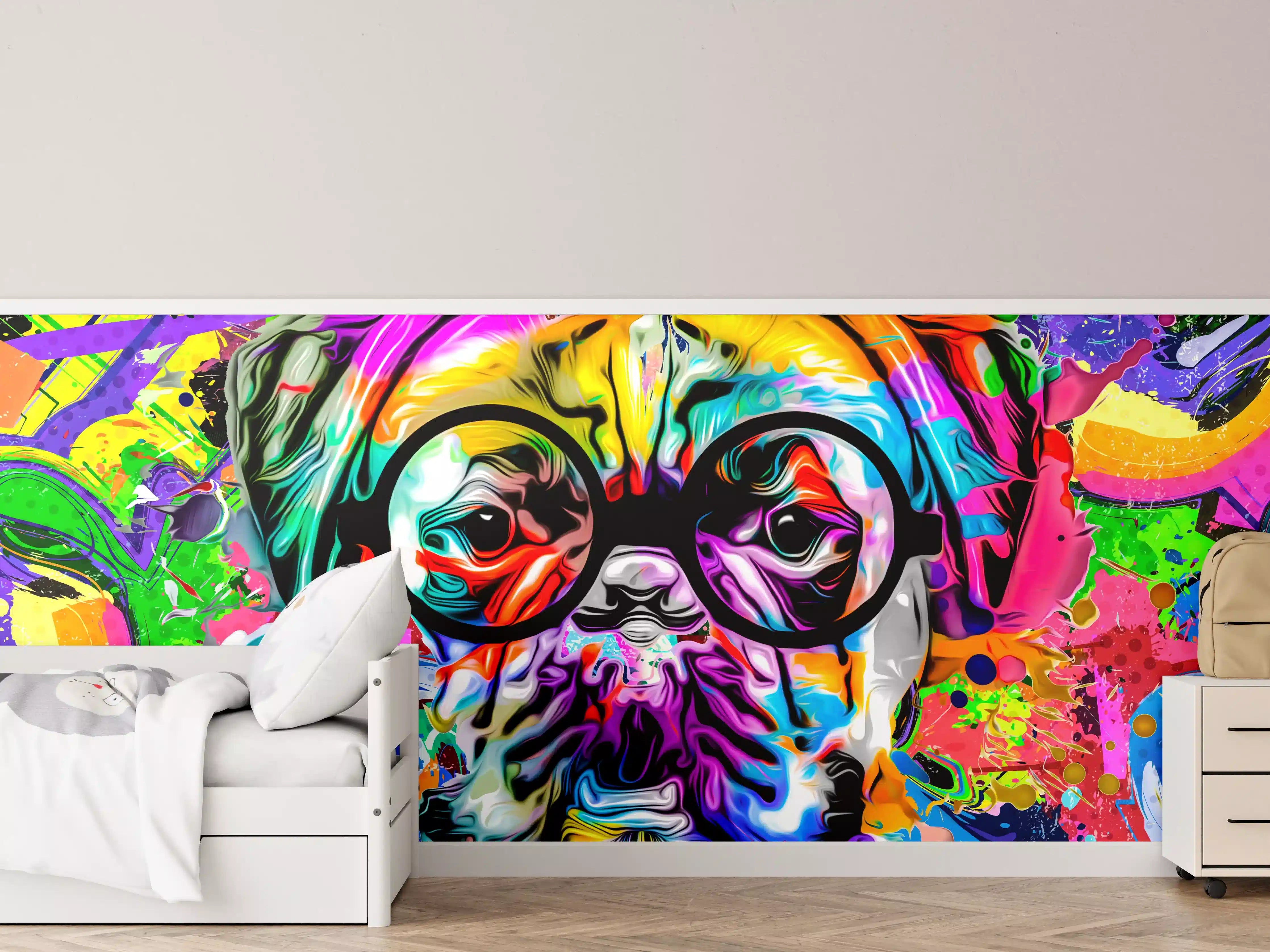 Kinderzimmer Wandgestaltung - Bunter abstrakter Hundekopf mit Brille