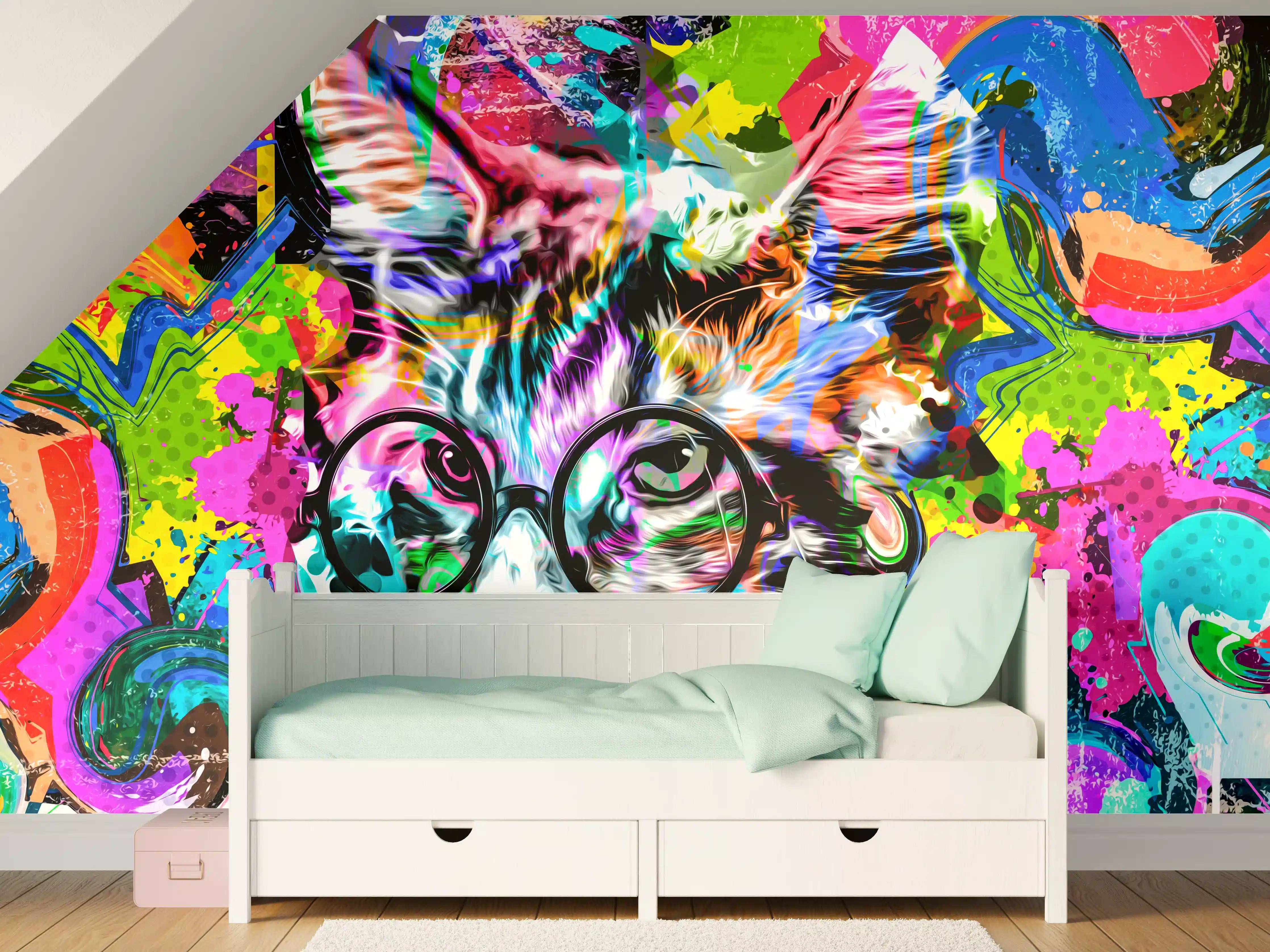 Kinderzimmer Wandgestaltung - Bunter abstrakter Katzenkopf mit Brille