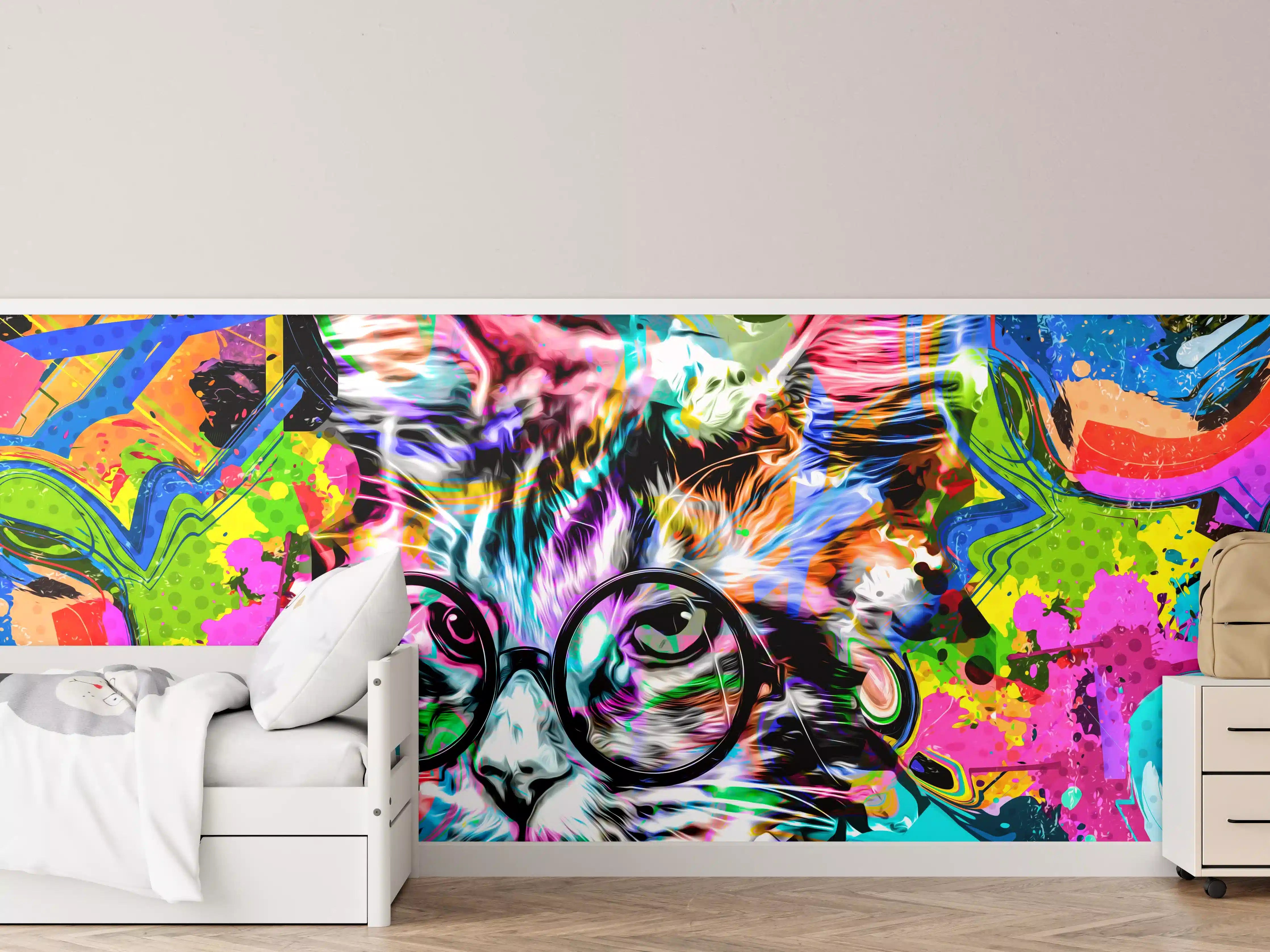 Kinderzimmer Wandgestaltung - Bunter abstrakter Katzenkopf mit Brille