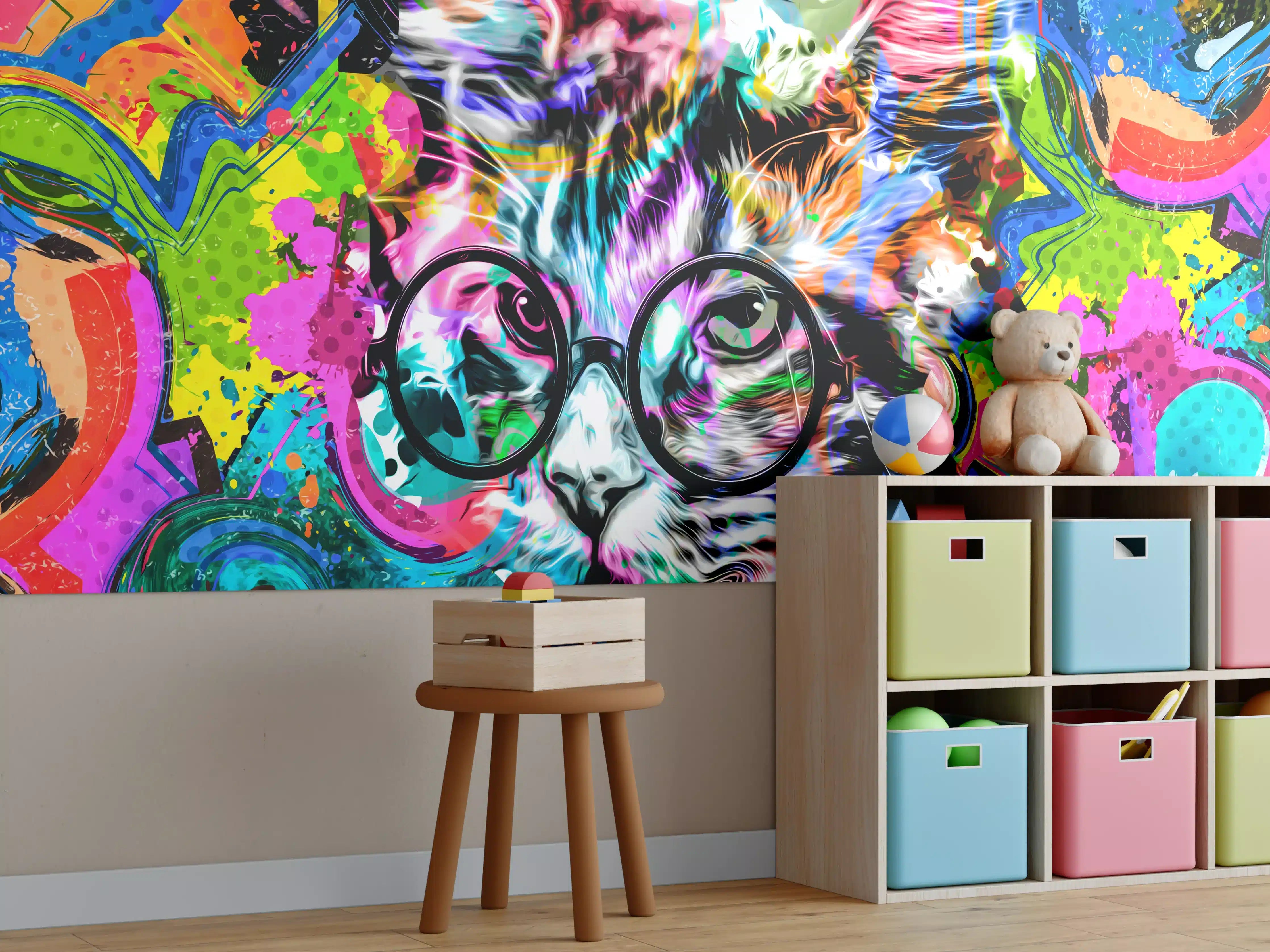 Kinderzimmer Wandgestaltung - Bunter abstrakter Katzenkopf mit Brille